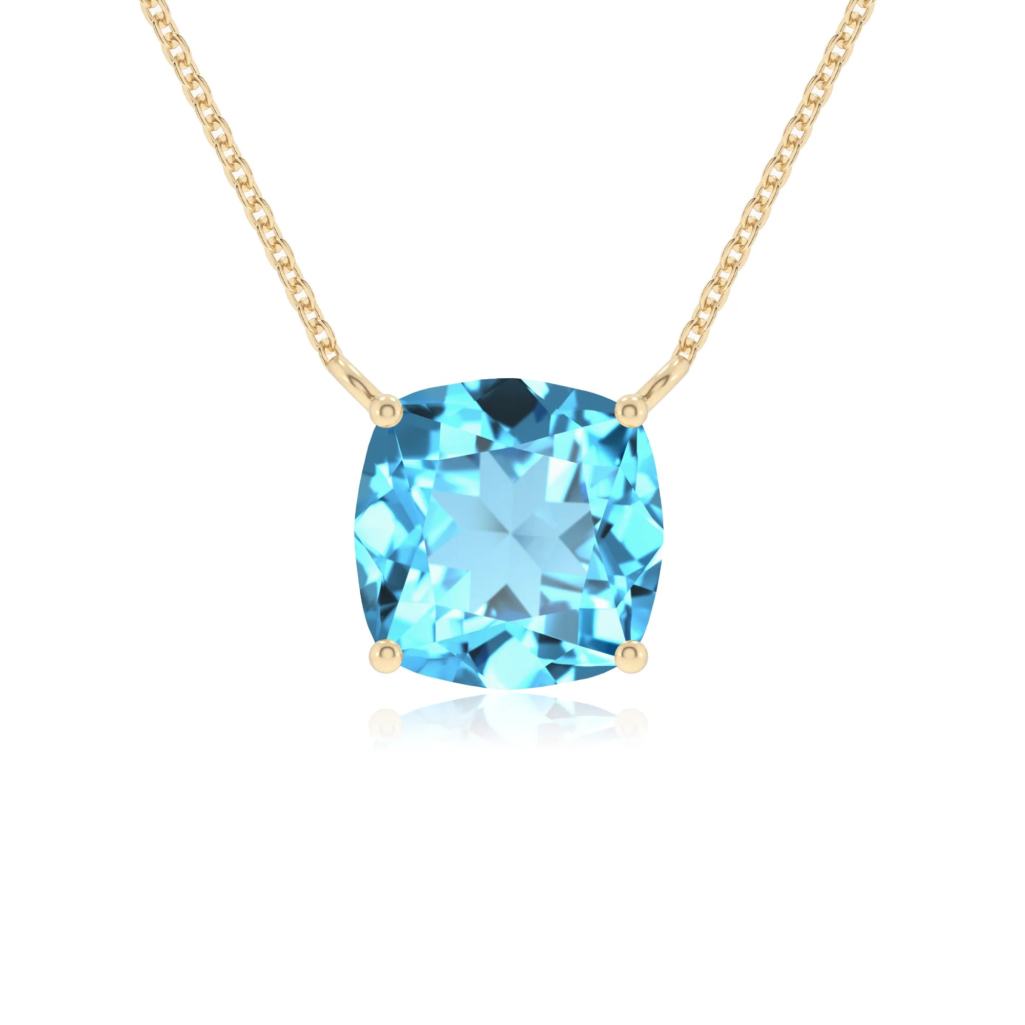 natural swiss-blue-topaz cushion solitaire necklaces in yellow gold