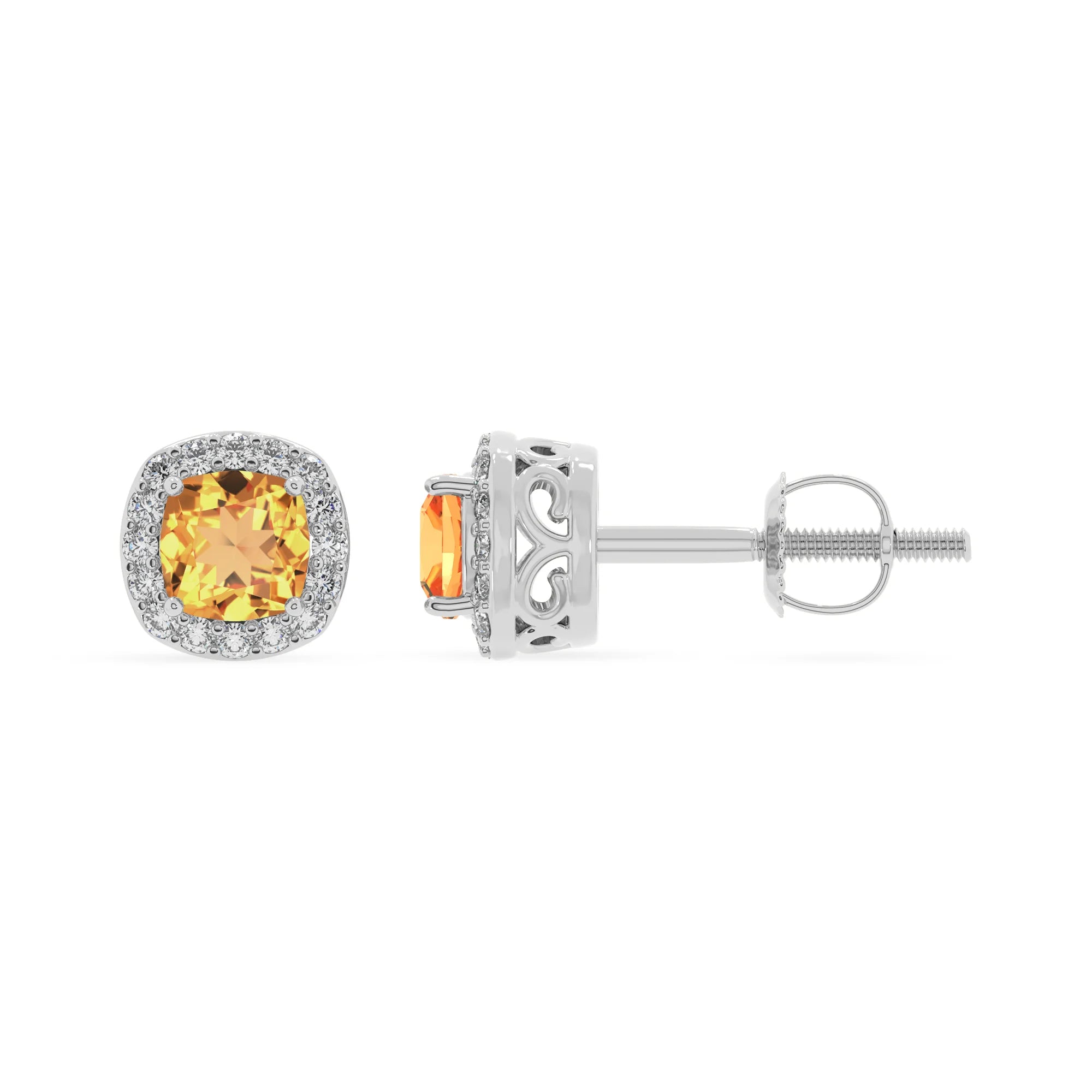 lab grown citrine cushion stud earrings in white gold