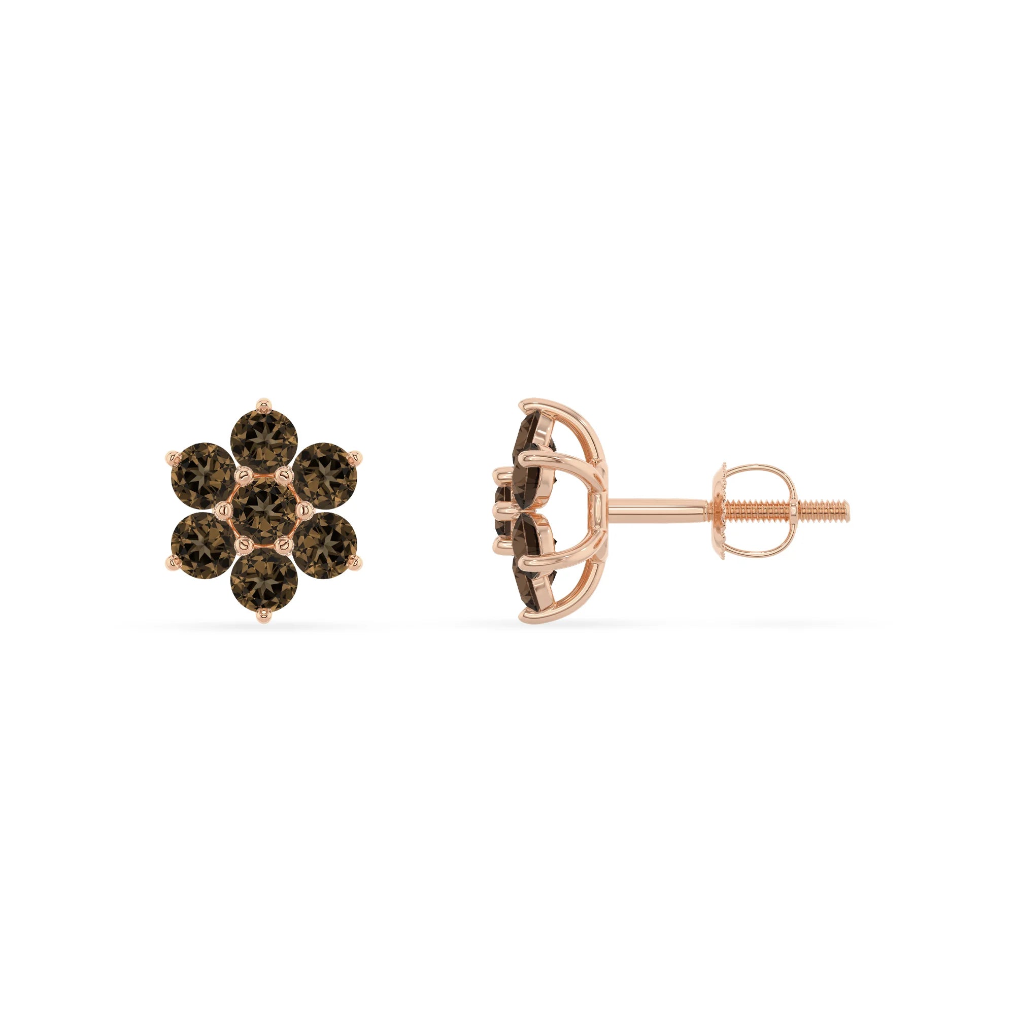 natural smoky quartz round stud earrings in rose gold