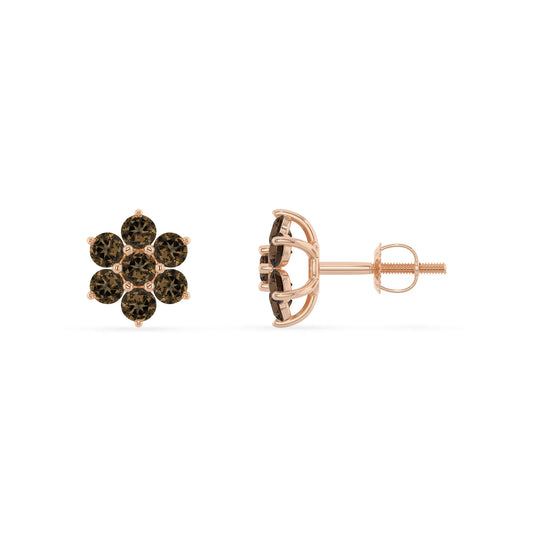 natural smoky quartz round stud earrings in rose gold