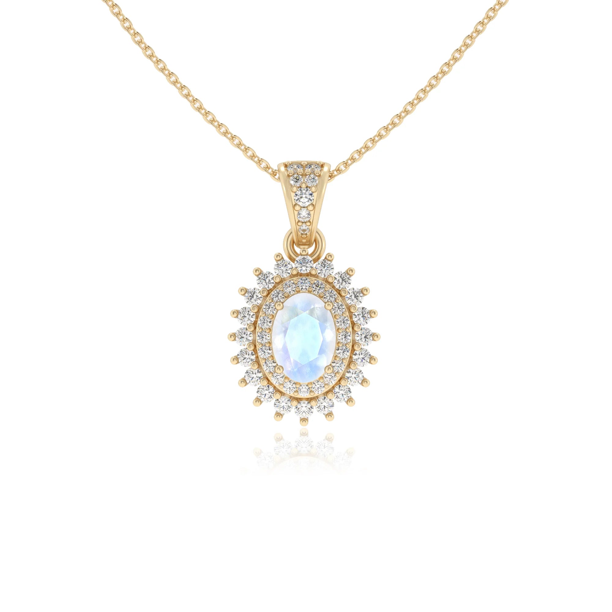 natural rainbow-moonstone oval halo necklaces in yellow gold