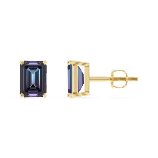lab grown alexandrite emerald cut stud earrings in yellow gold