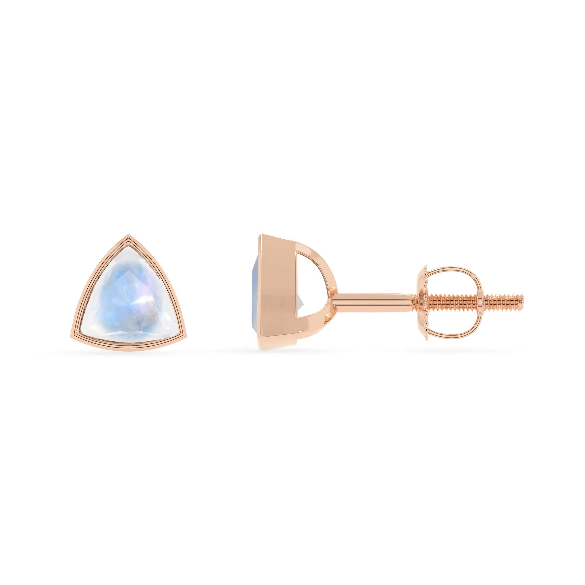 natural rainbow moonstone trillion stud earrings in rose gold