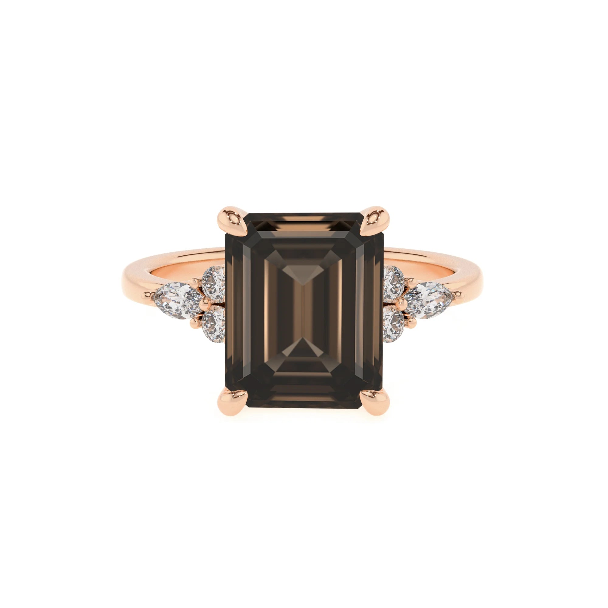 natural smoky-quartz emerald cut solitaire rings in rose gold