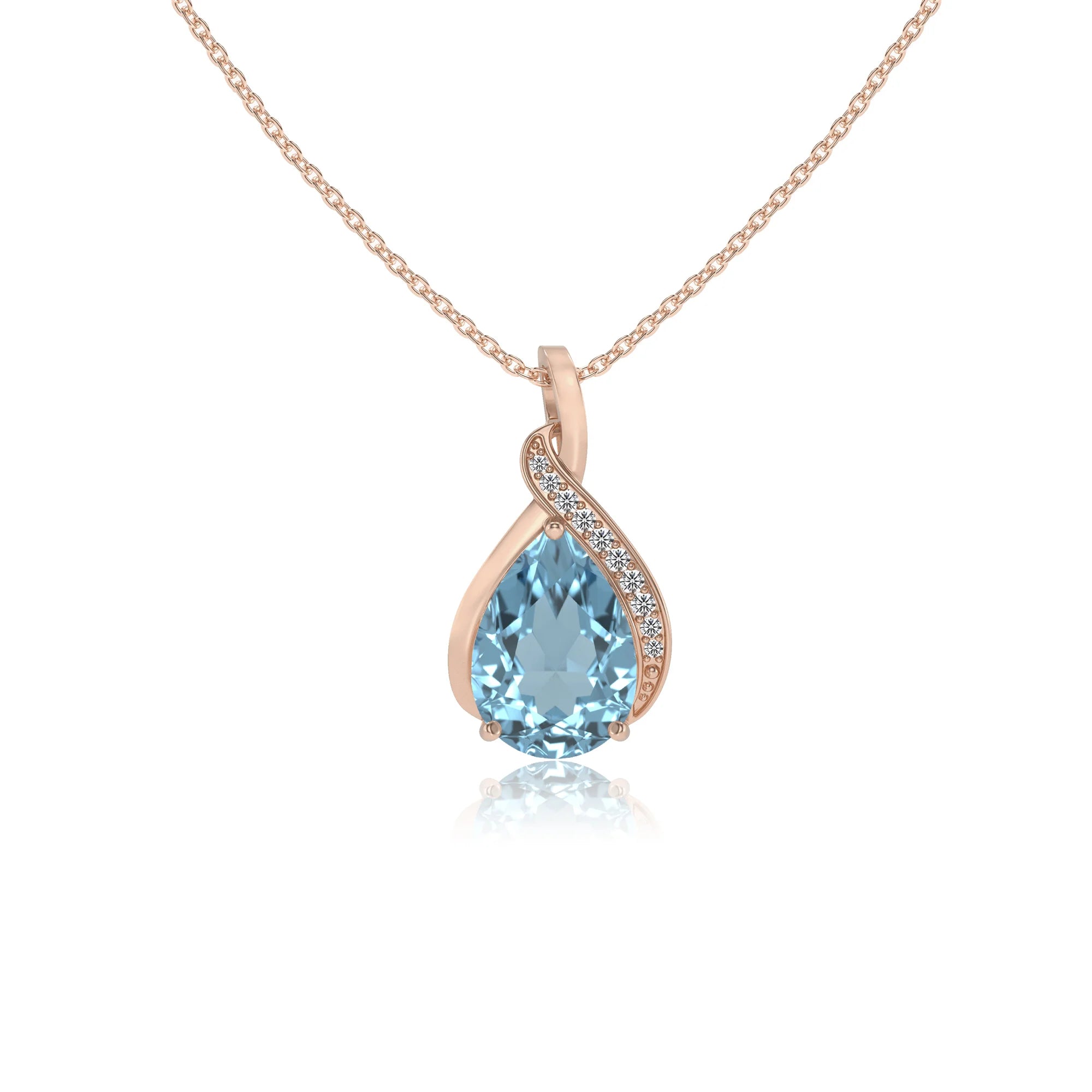 lab grown aquamarine pear solitaire necklaces in rose gold