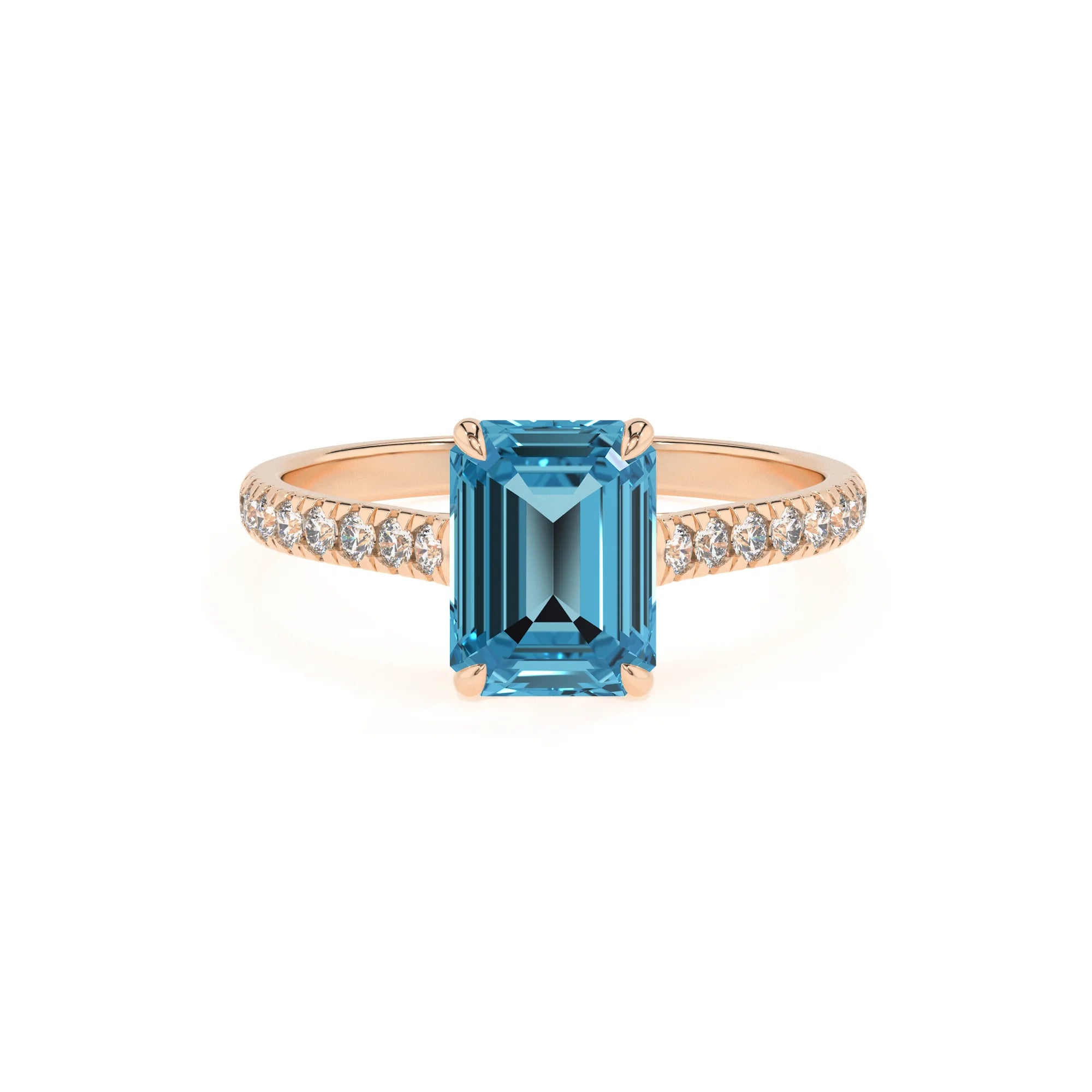 natural swiss-blue-topaz emerald cut half eternity solitaire engagement rings in rose gold