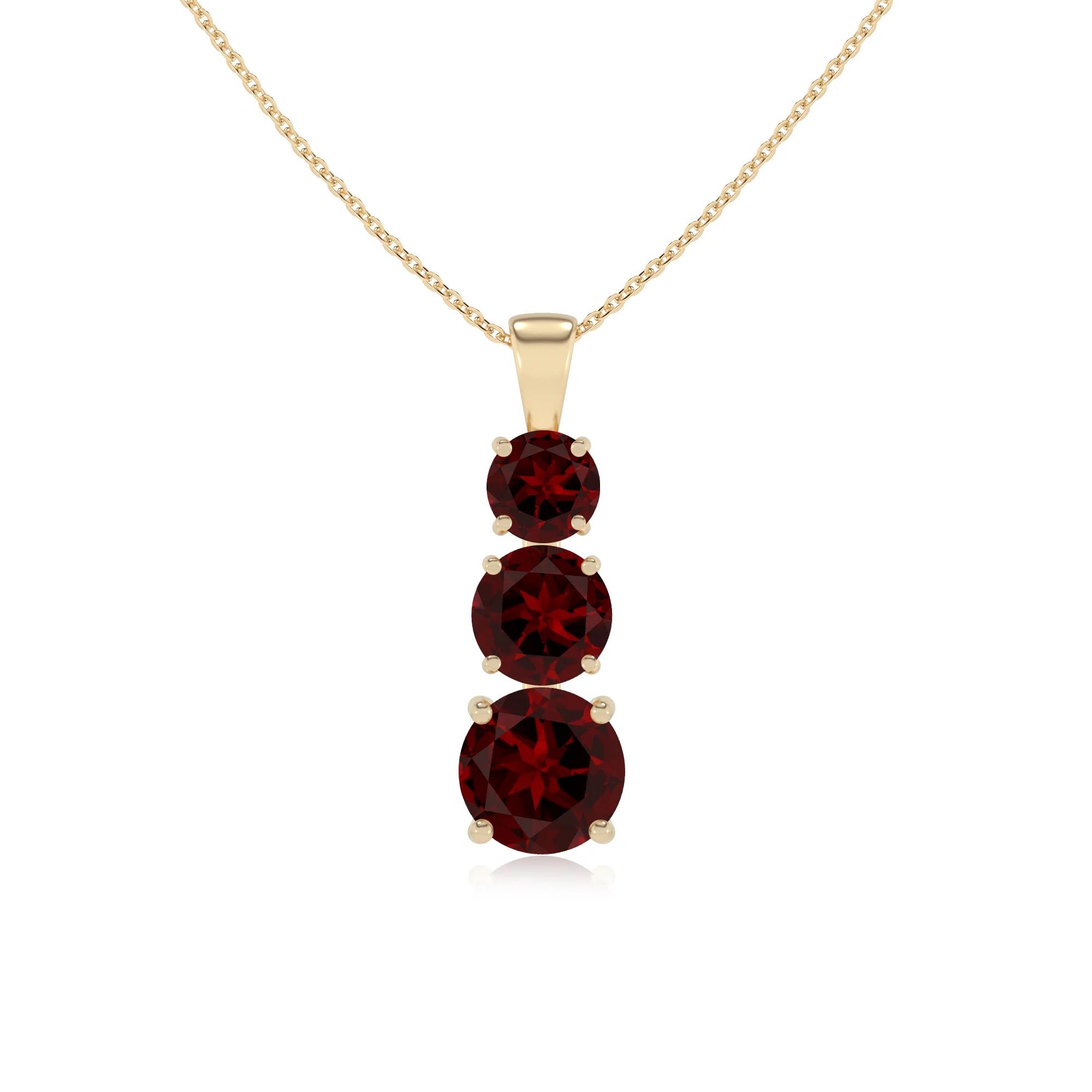natural garnet round bar v-bale necklaces in yellow gold