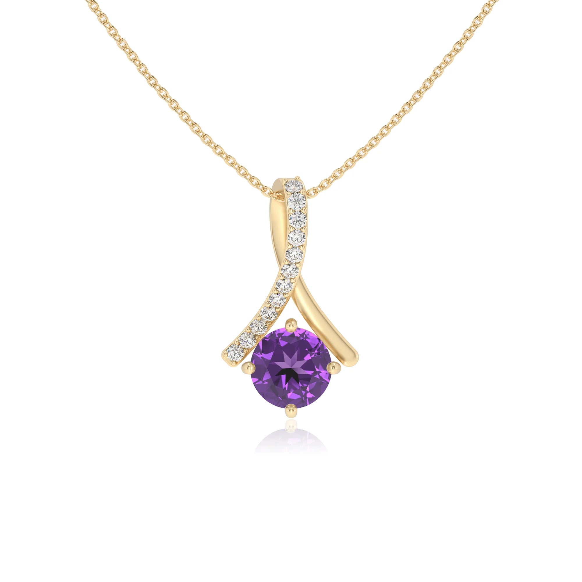 lab grown amethyst round solitaire necklaces in yellow gold