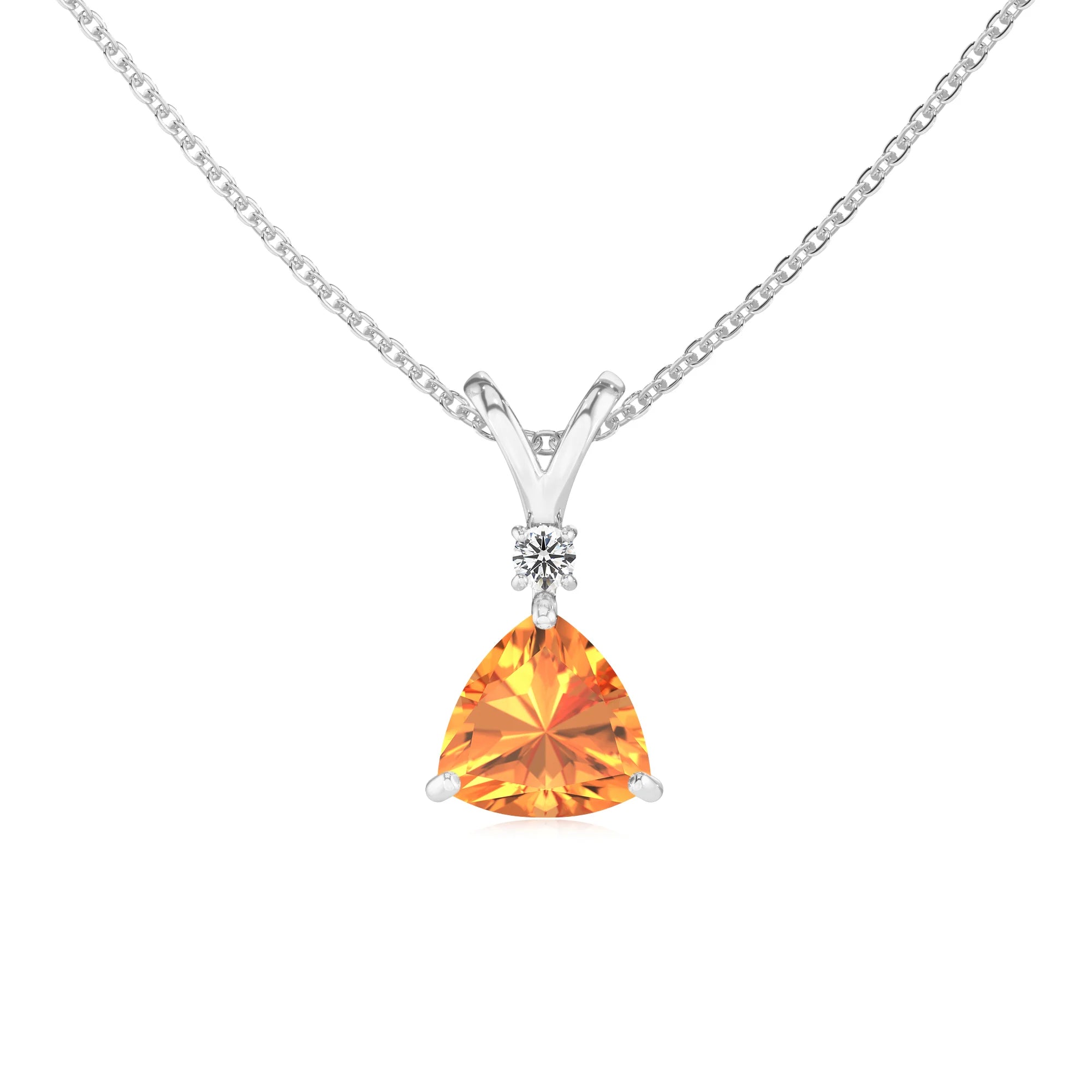 lab grown citrine trillion solitaire v-bale necklaces in platinum