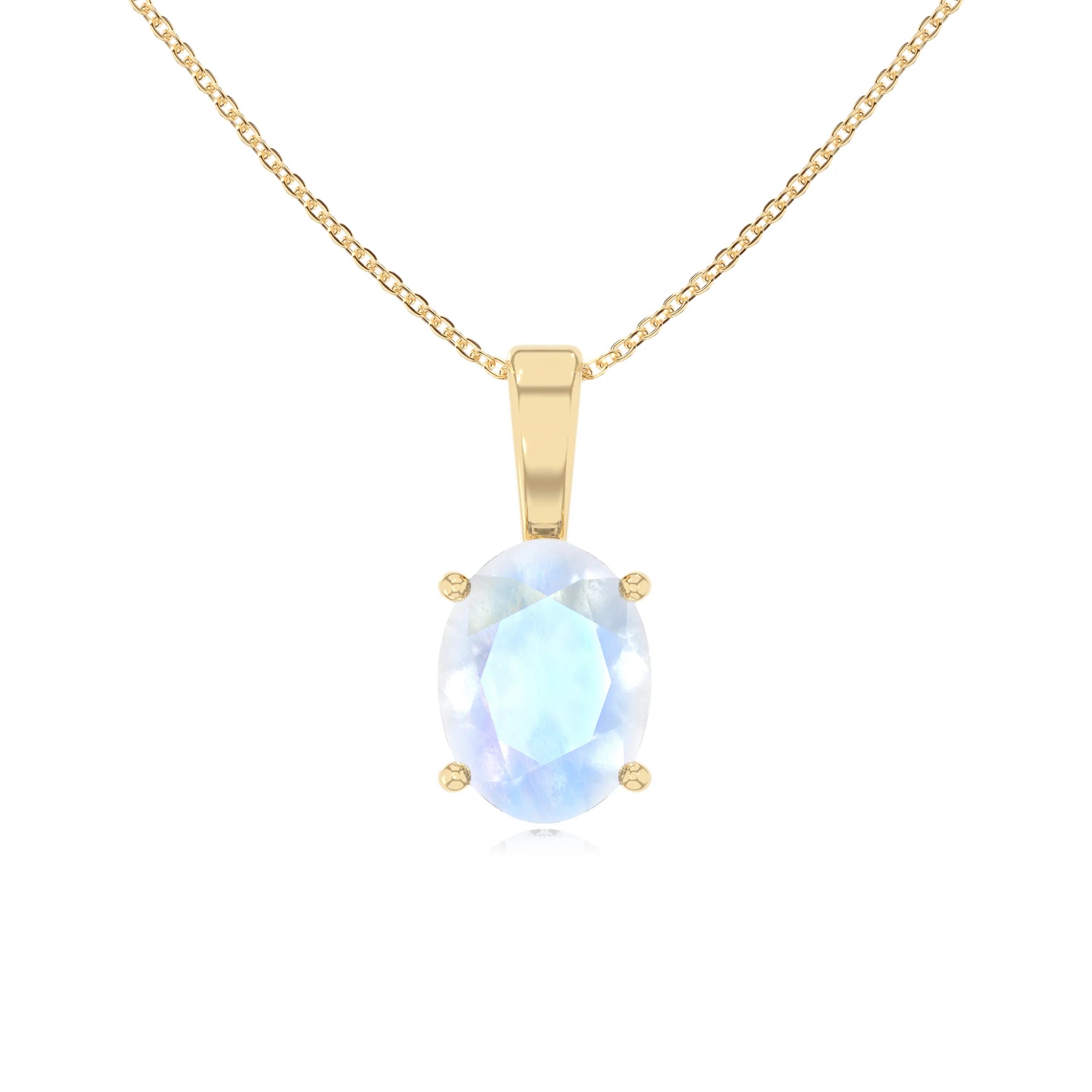 natural rainbow-moonstone oval solitaire necklaces in yellow gold