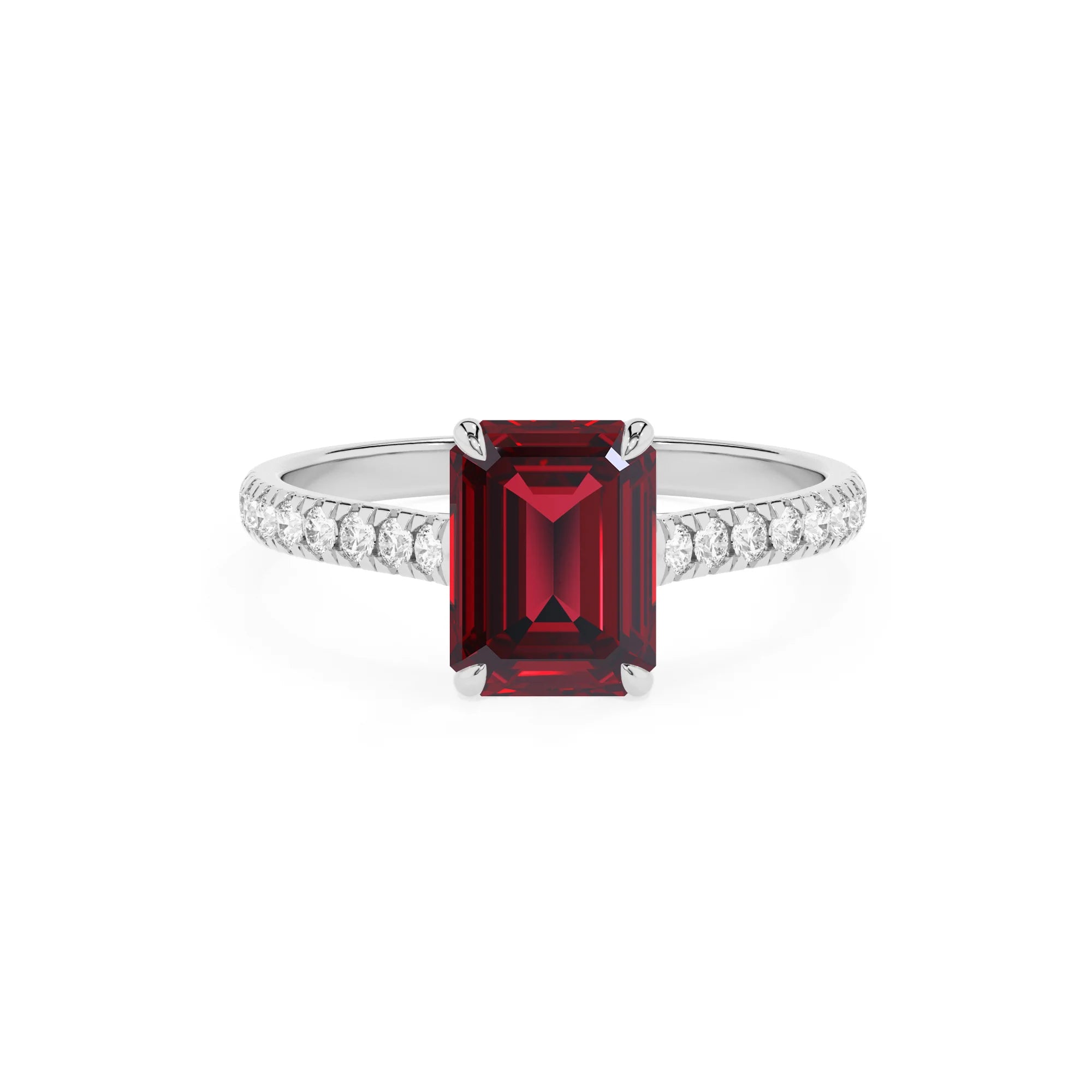 lab grown ruby emerald cut half eternity solitaire engagement rings in sterling silver