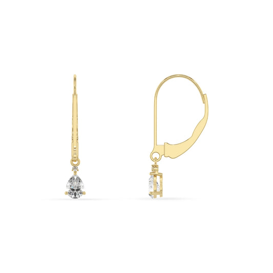 lab grown moissanite pear drop earrings in yellow gold