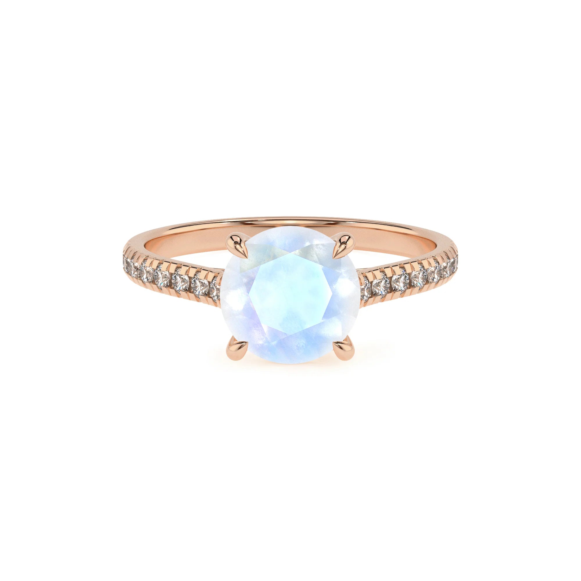 natural rainbow-moonstone round half eternity solitaire engagement rings in rose gold