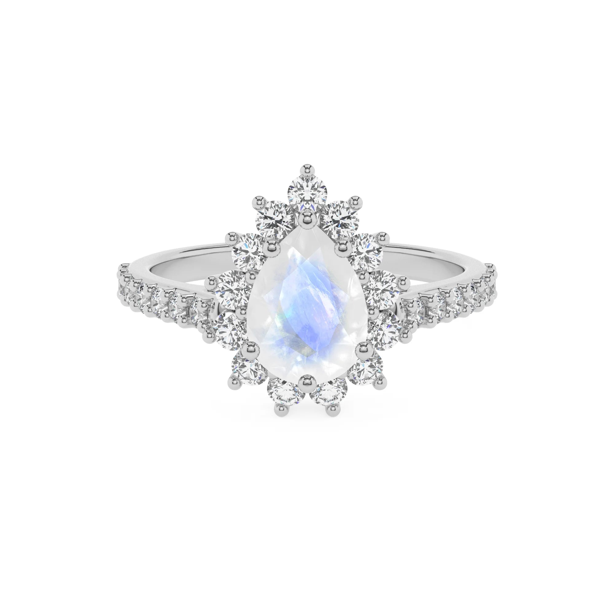 natural rainbow-moonstone pear solitaire rings in platinum