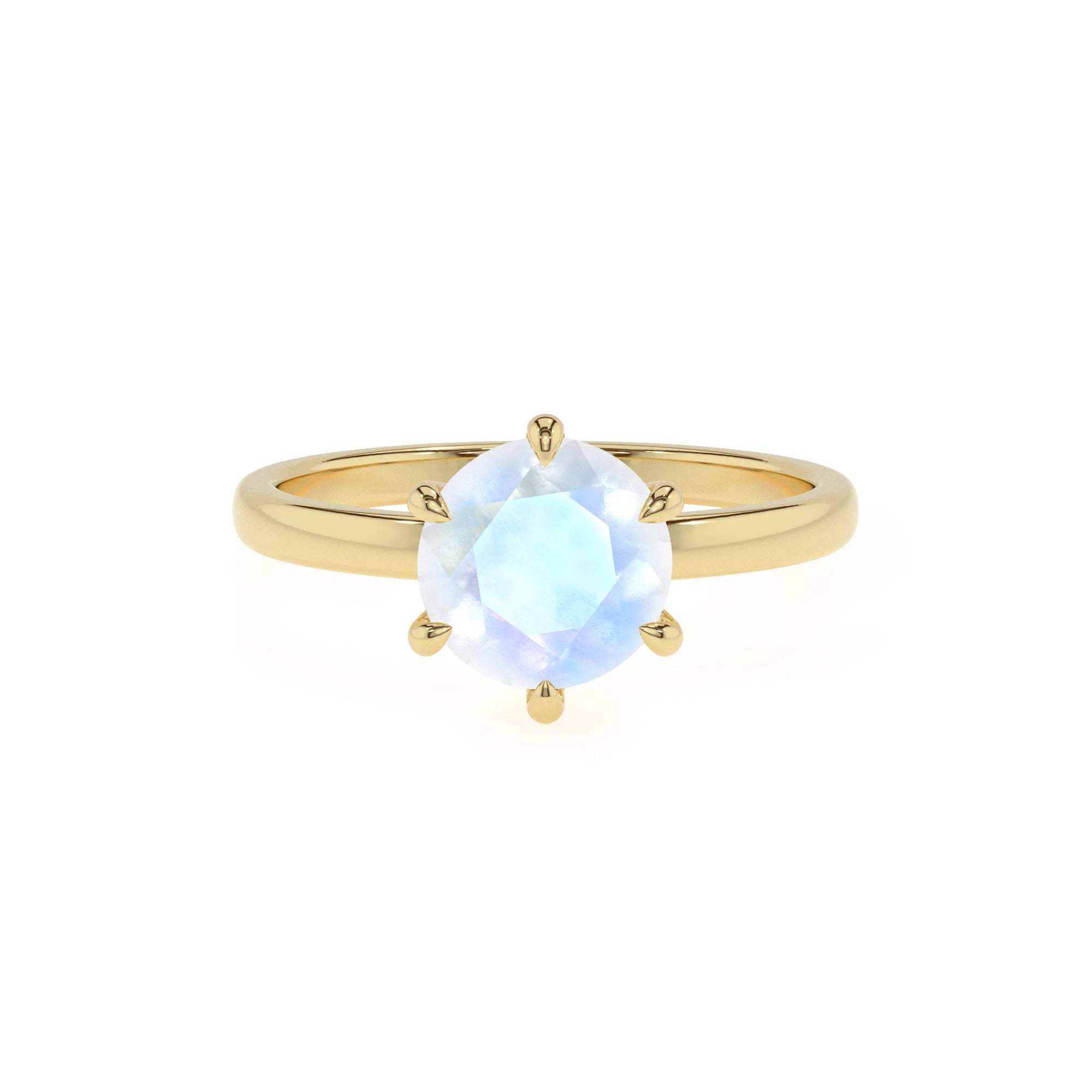 natural rainbow-moonstone round solitaire rings in yellow gold