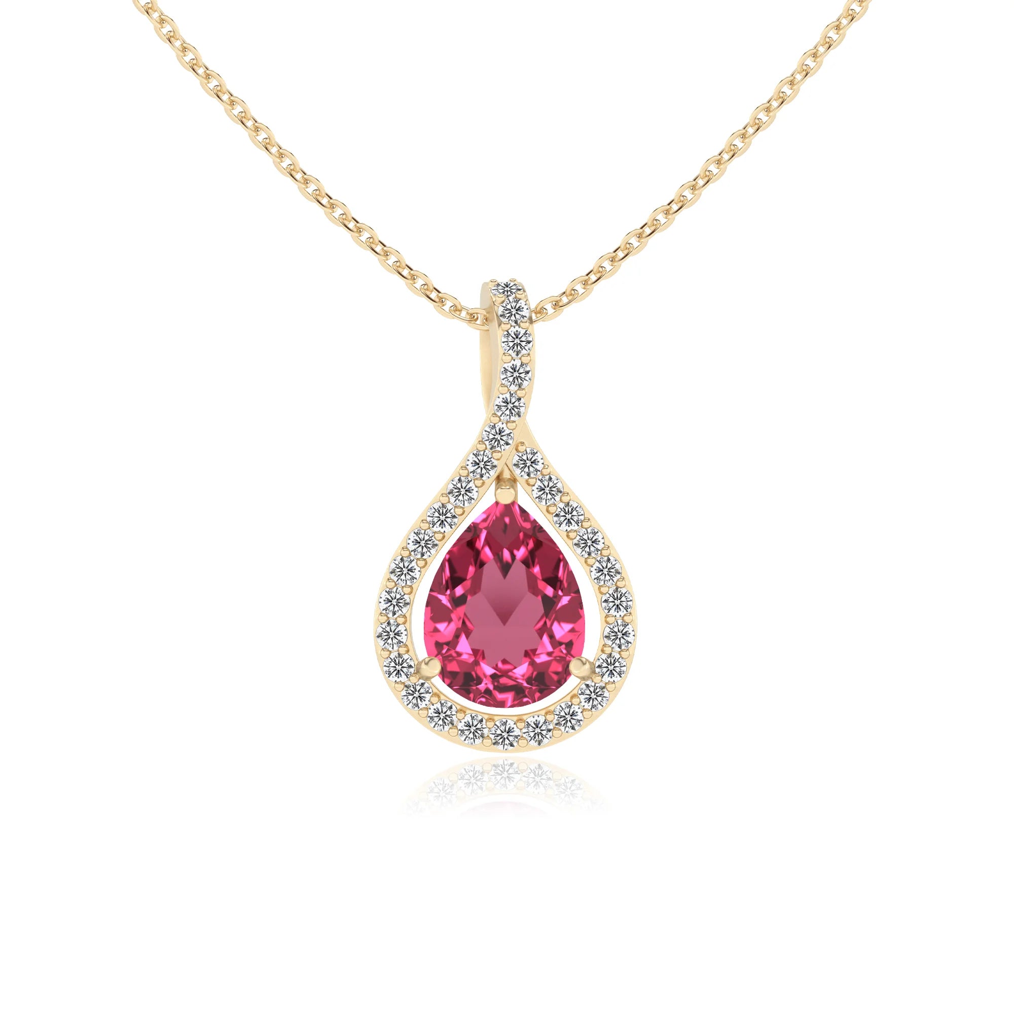 lab grown pink-tourmaline pear solitaire necklaces in yellow gold