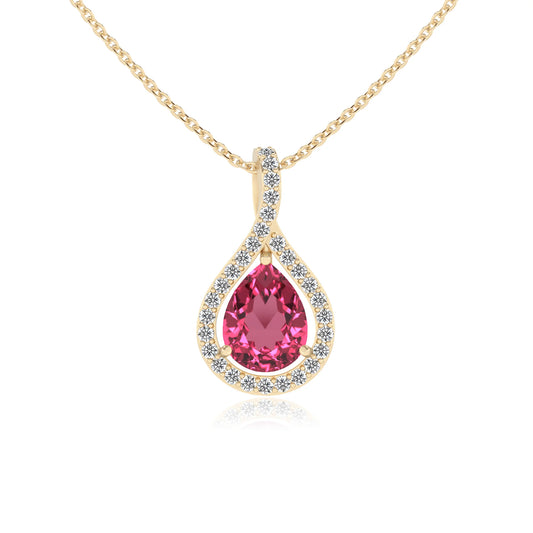 lab grown pink-tourmaline pear solitaire necklaces in yellow gold