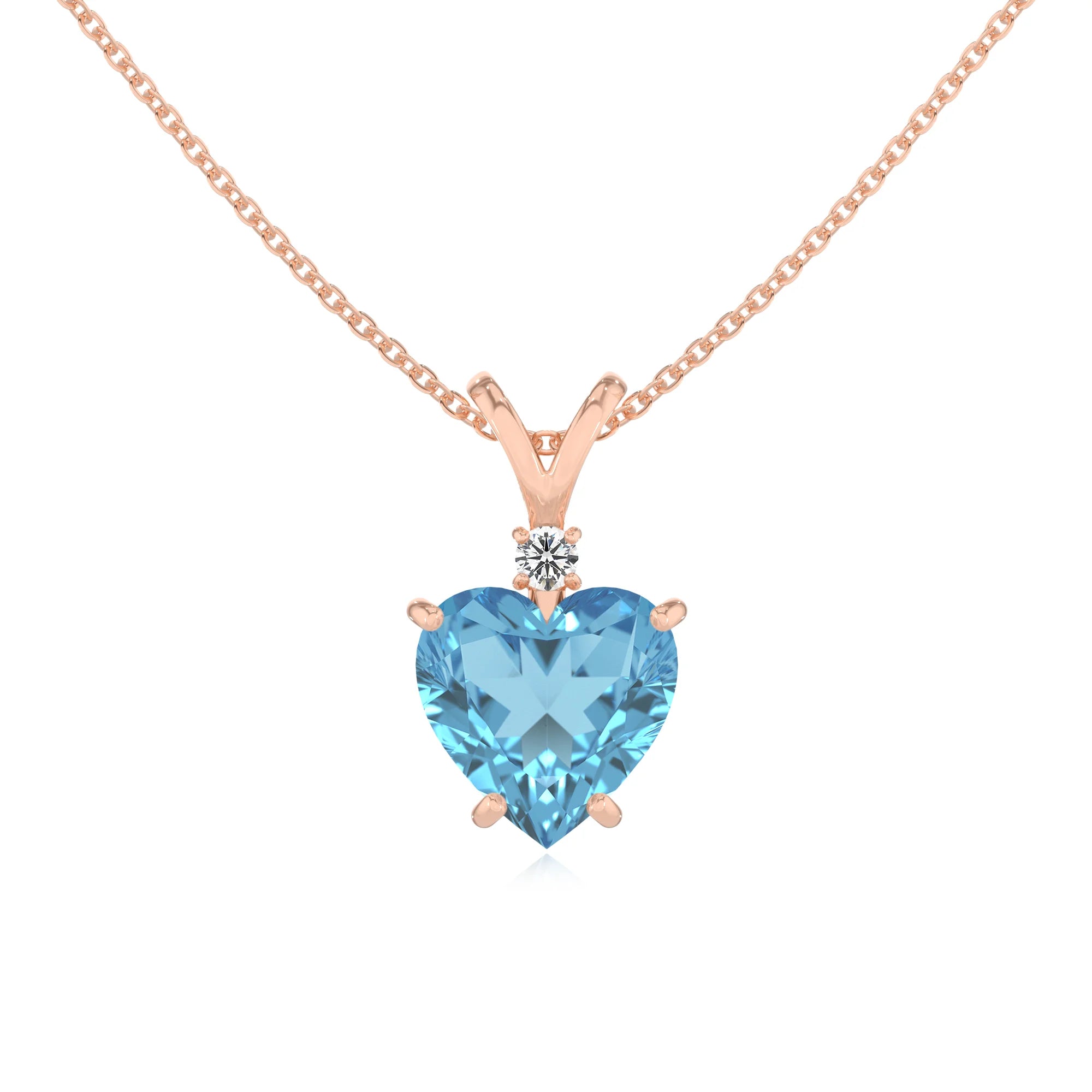 natural swiss-blue-topaz heart solitaire v-bale necklaces in rose gold