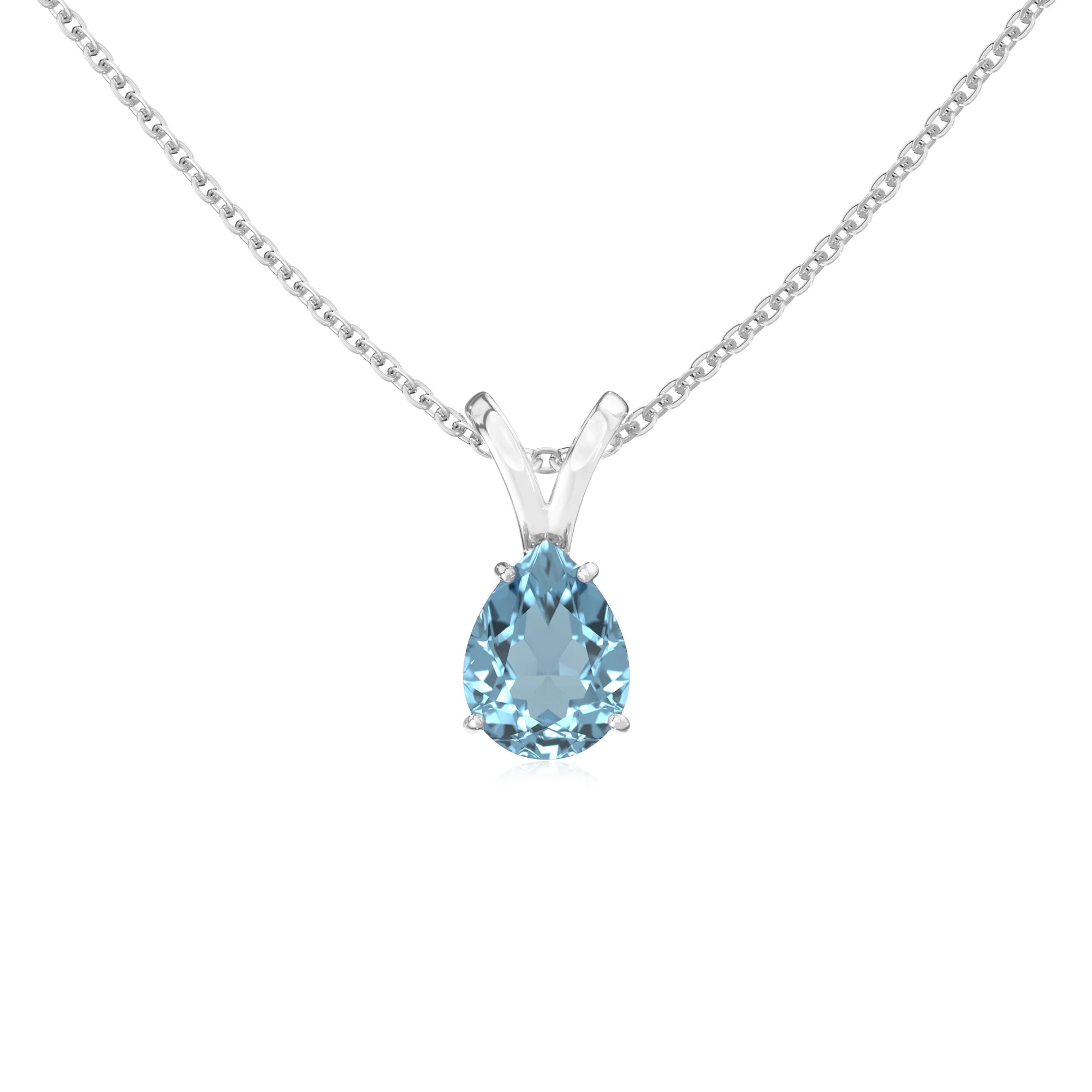 lab grown aquamarine pear solitaire v-bale necklaces in sterling silver