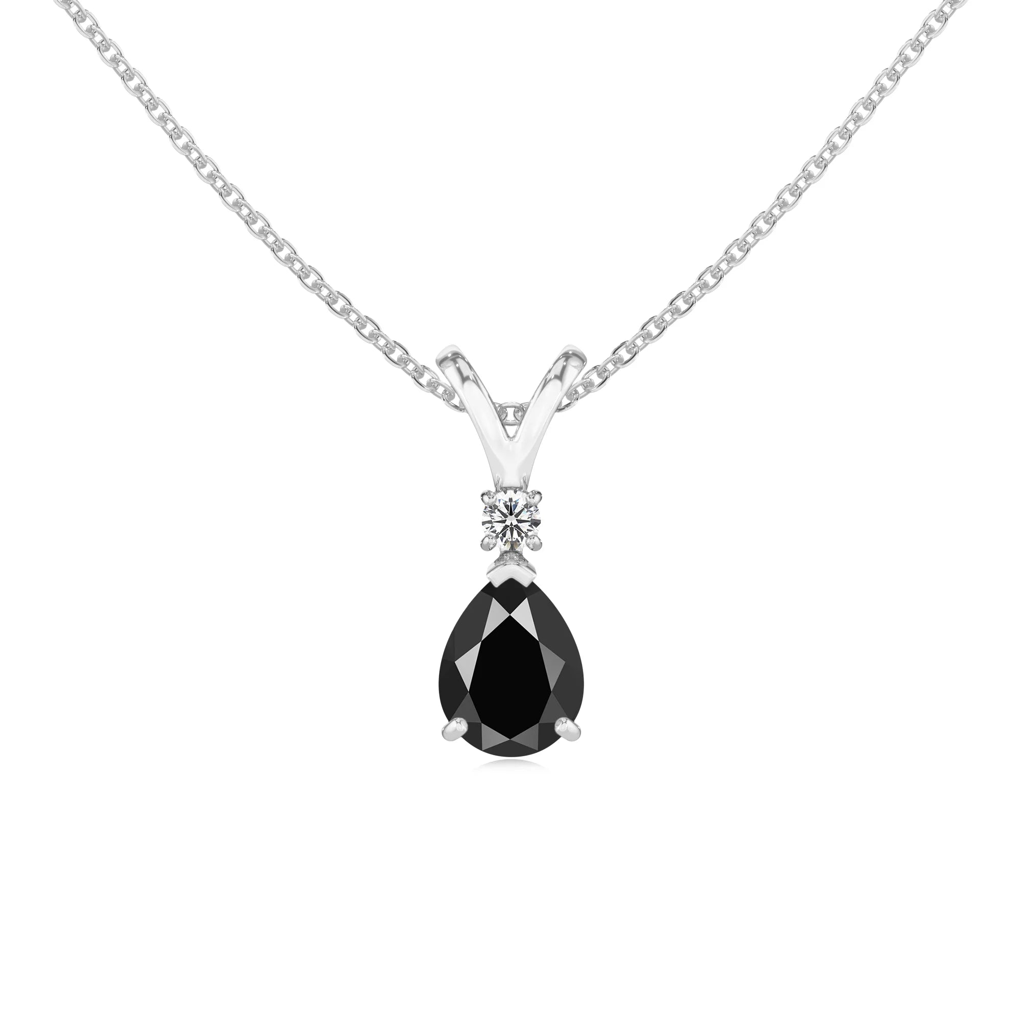 natural black-onyx pear solitaire v-bale necklaces in platinum
