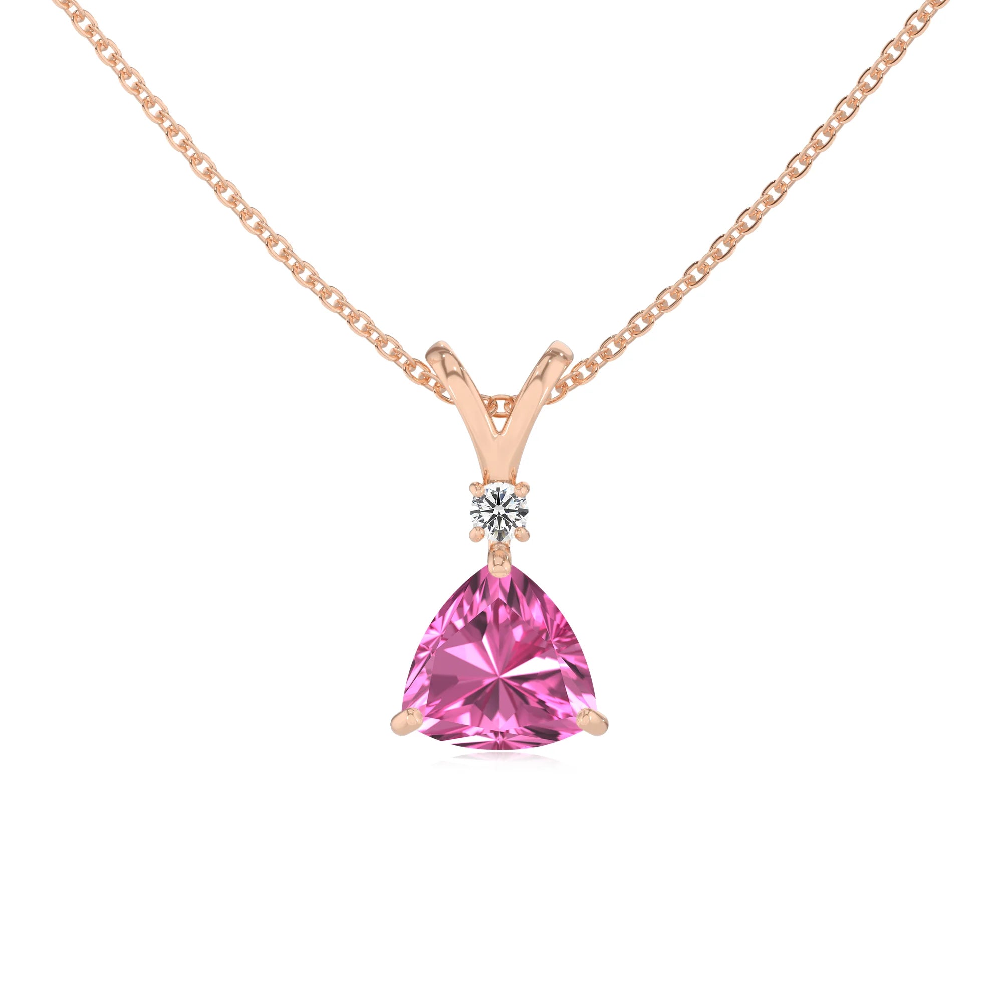 lab grown pink-sapphire trillion solitaire v-bale necklaces in rose gold