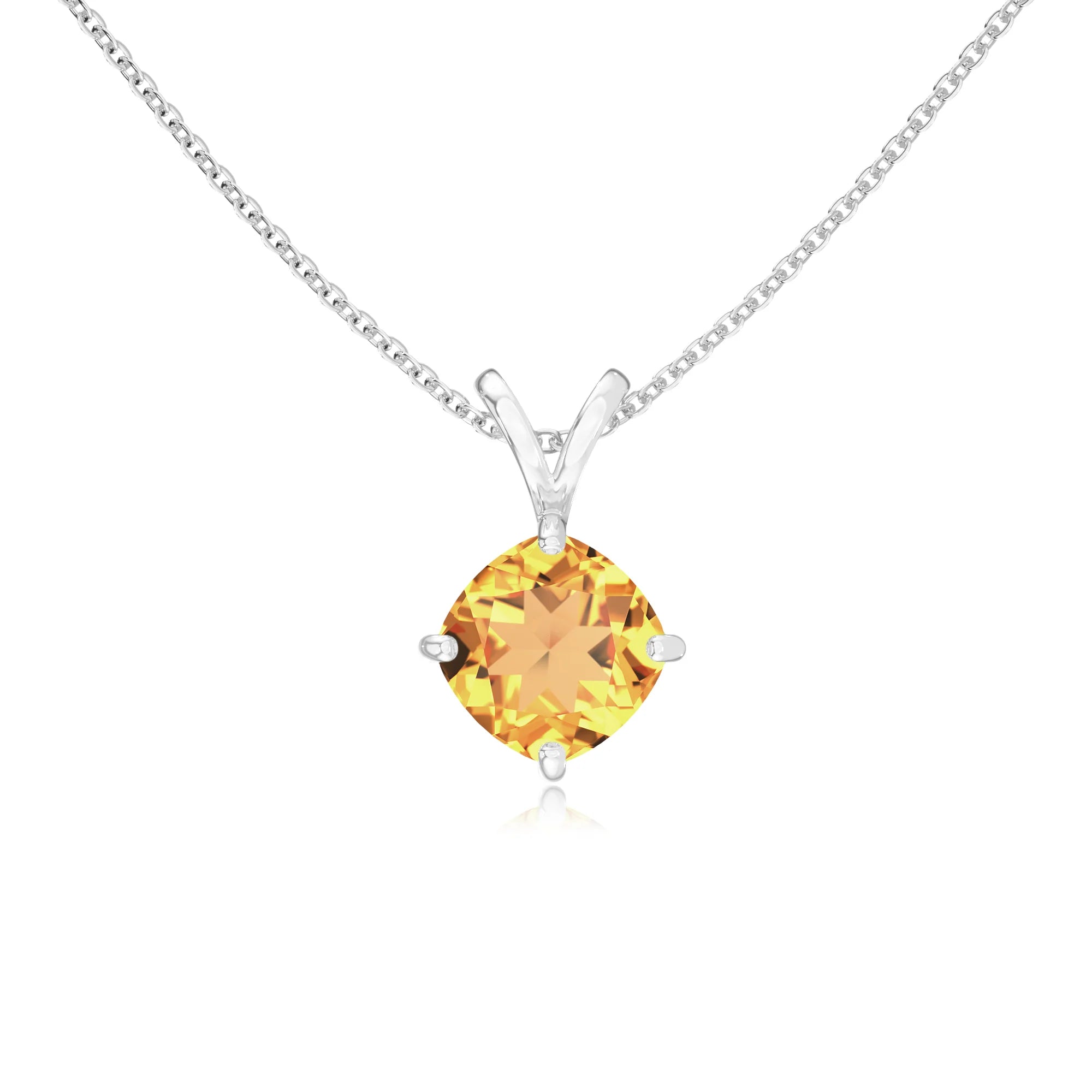 lab grown citrine cushion solitaire v-bale necklaces in white gold