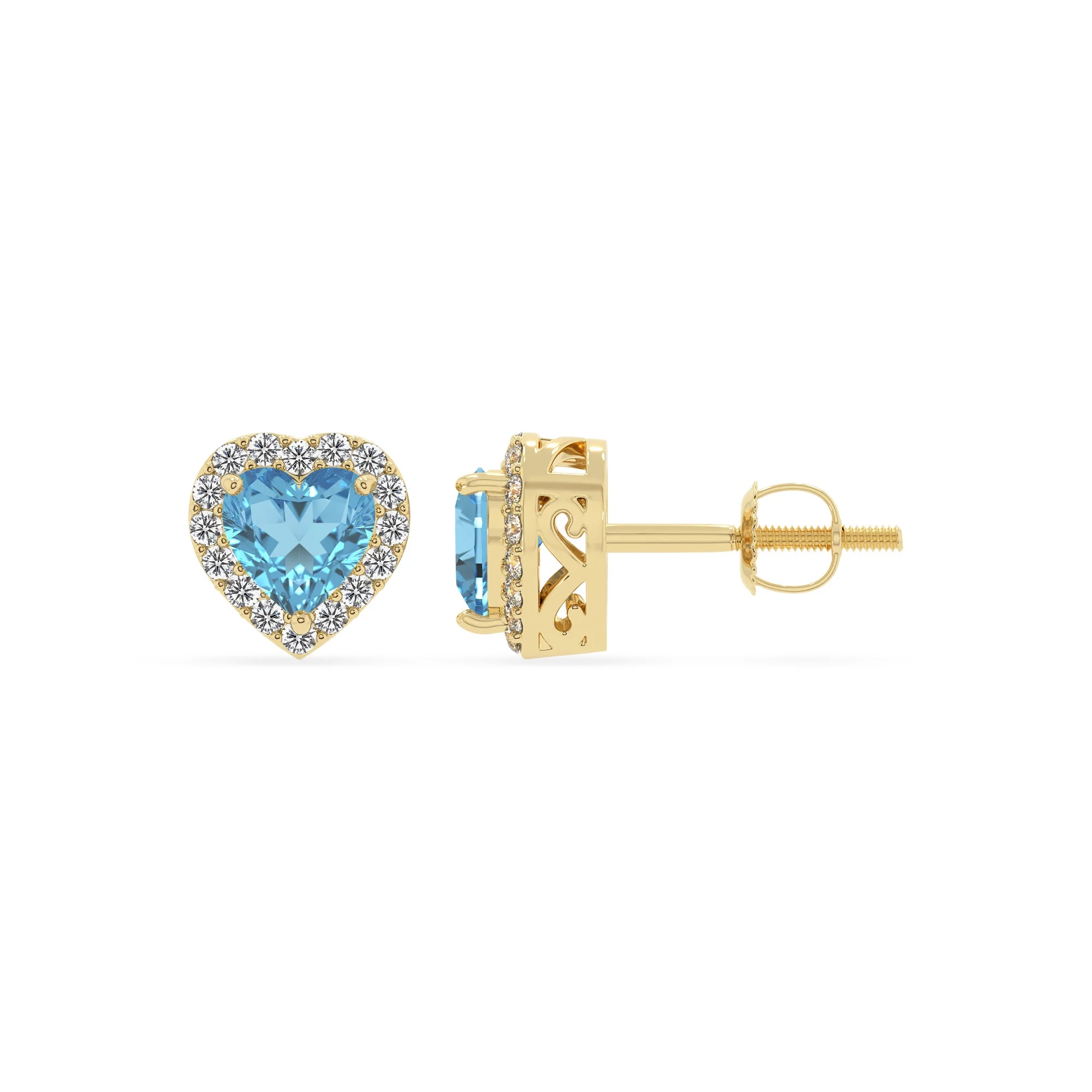 natural swiss blue topaz heart stud earrings in yellow gold
