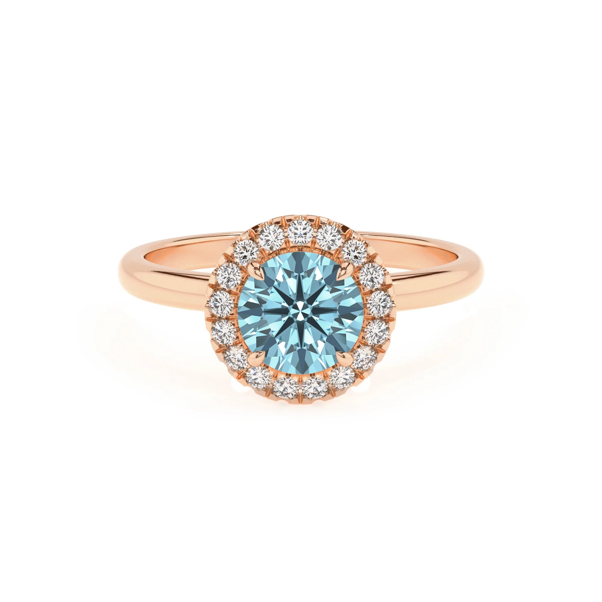 lab grown aquamarine round solitaire rings in rose gold