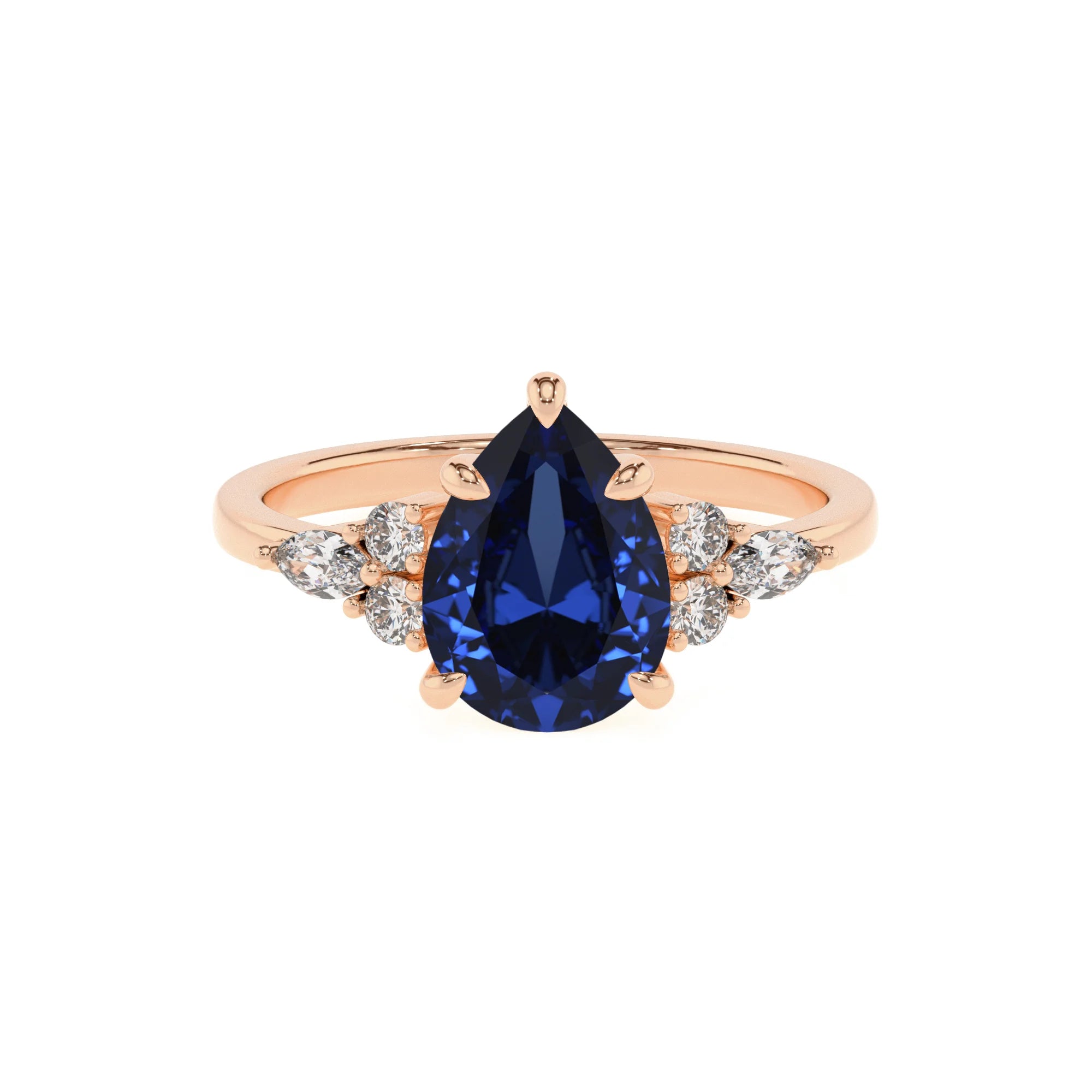 lab grown blue-sapphire pear solitaire rings in rose gold