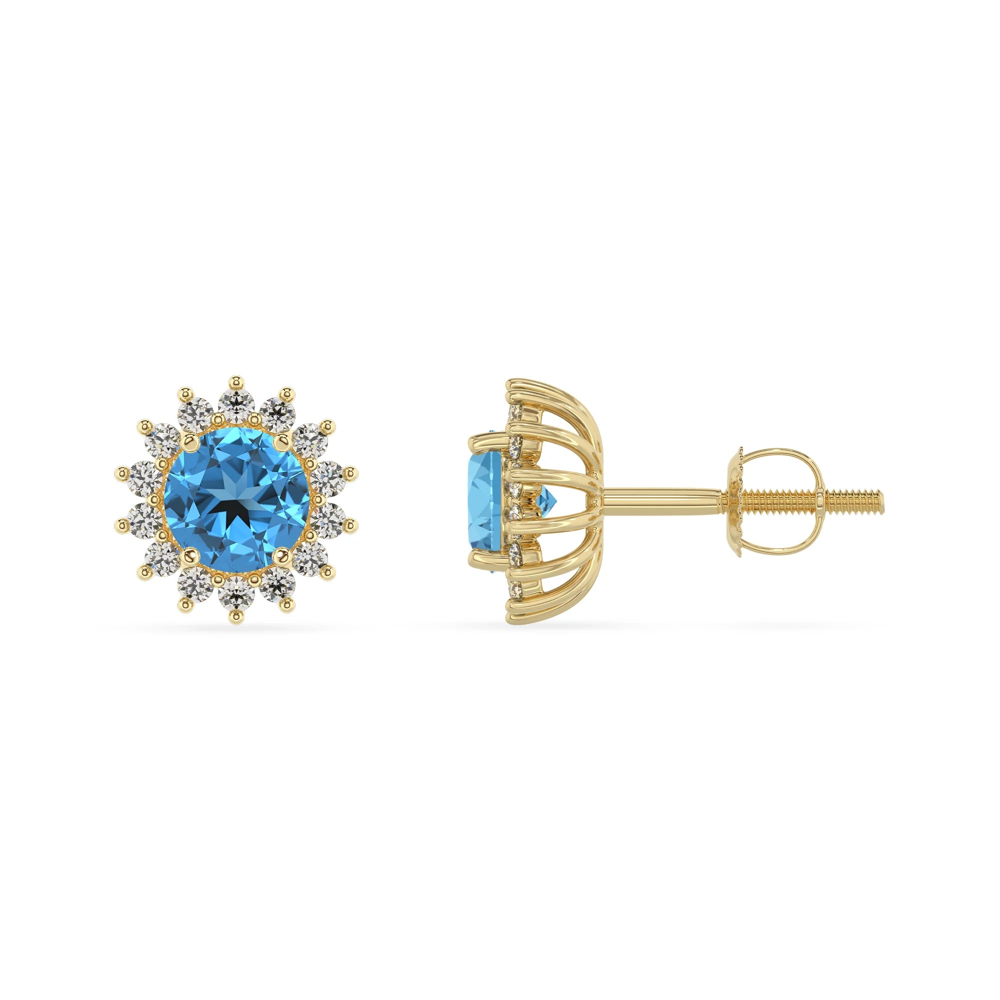natural swiss blue topaz round stud earrings in yellow gold