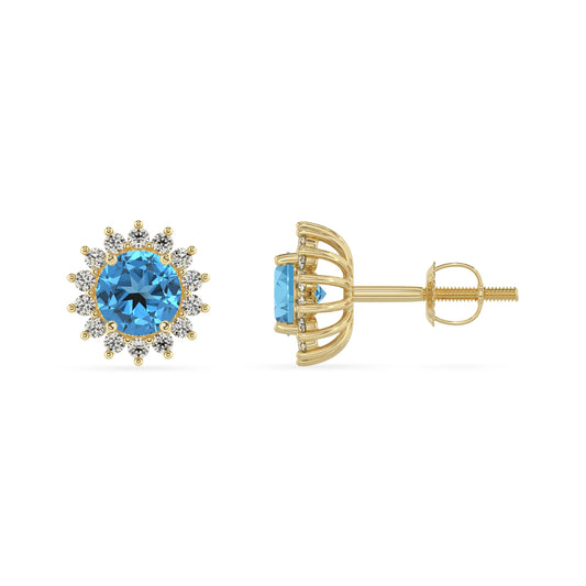 natural swiss blue topaz round stud earrings in yellow gold