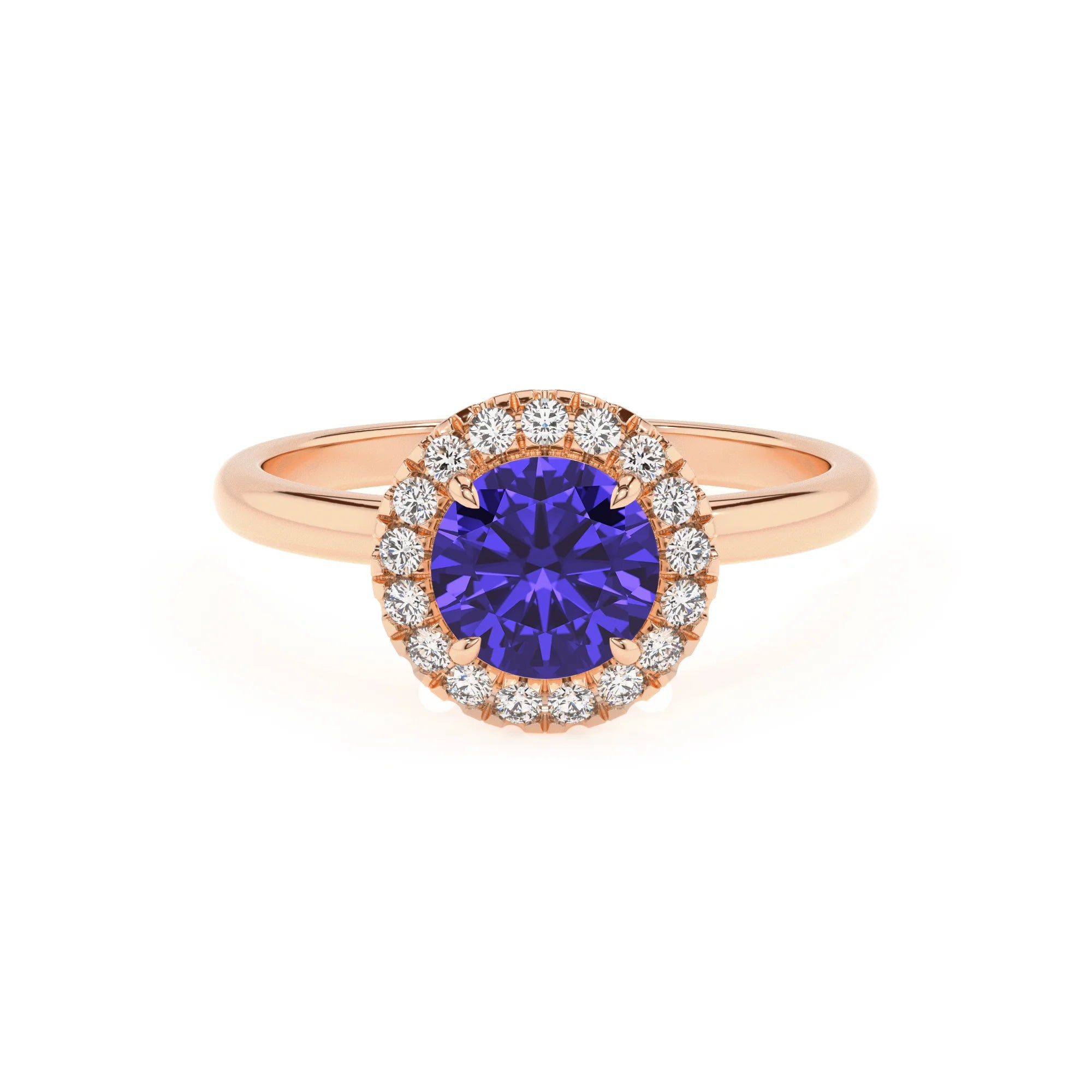 lab grown tanzanite round solitaire rings in rose gold