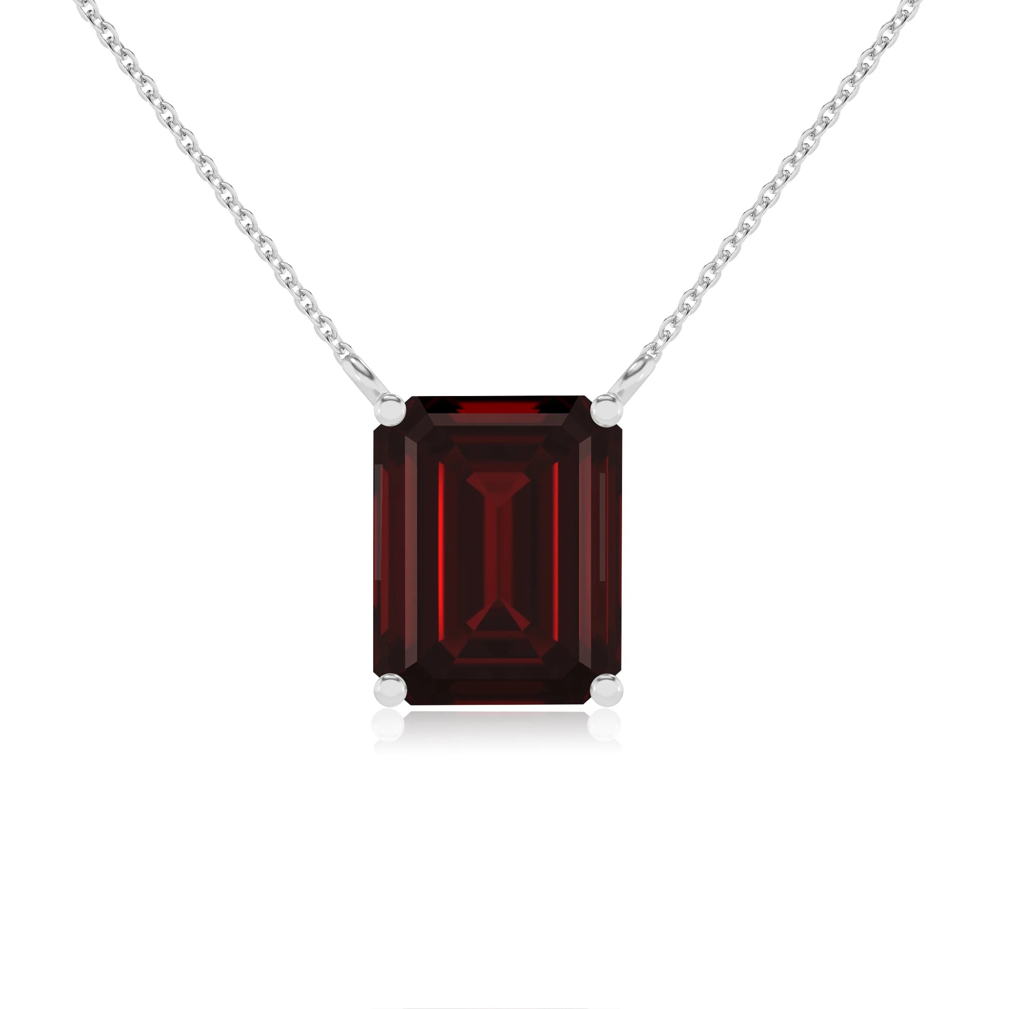 natural garnet emerald cut solitaire necklaces in white gold