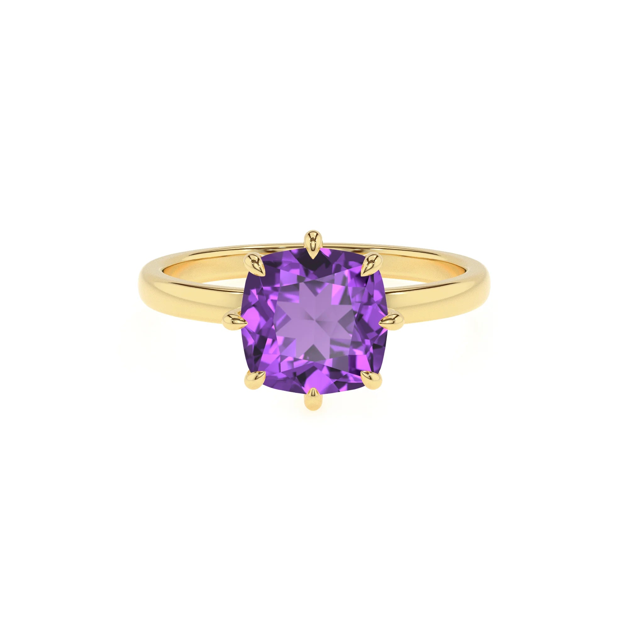 lab grown amethyst cushion solitaire rings in yellow gold