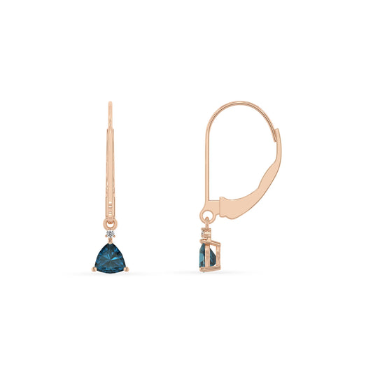 natural london blue topaz trillion drop earrings in rose gold