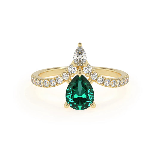 lab grown emerald pear solitaire rings in yellow gold
