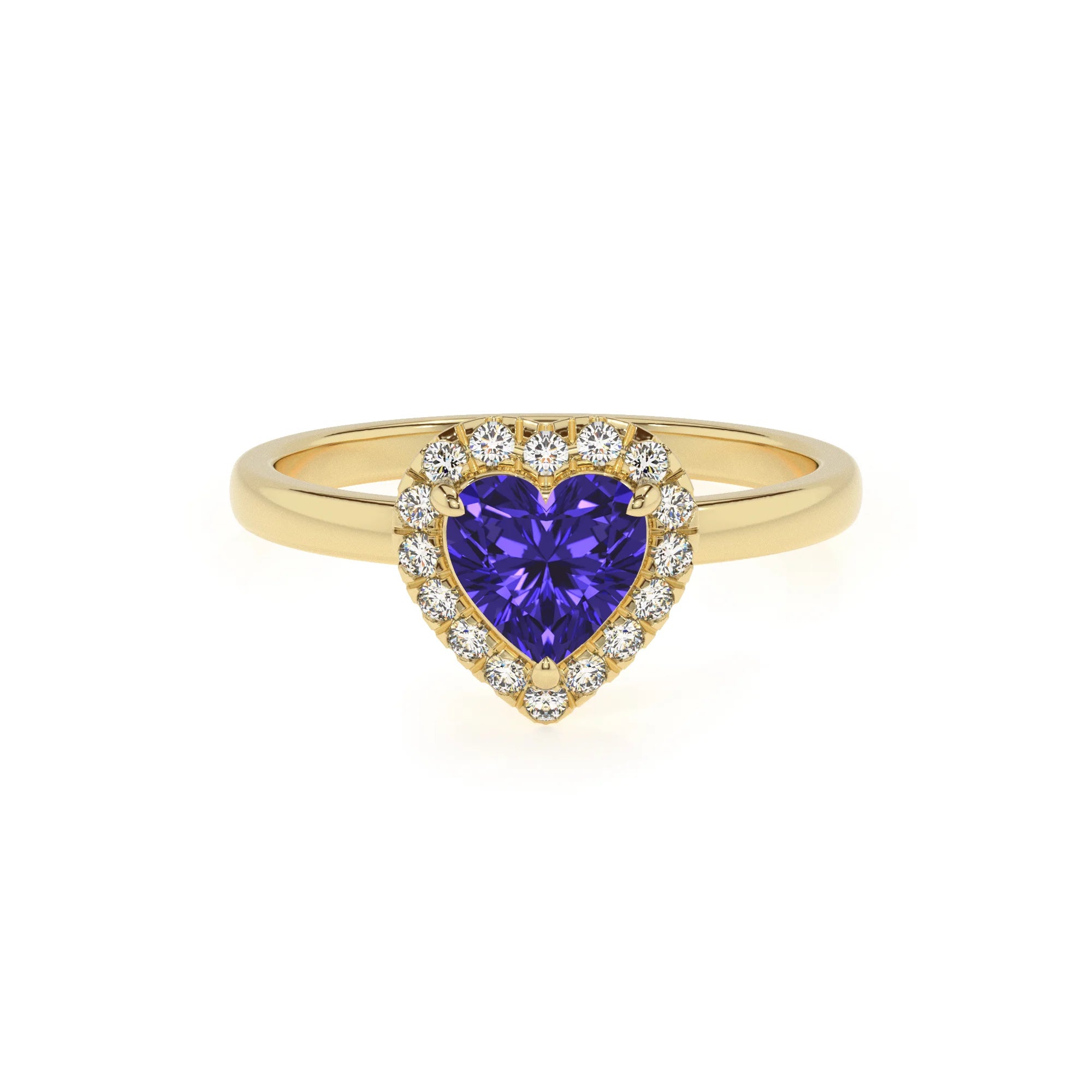 lab grown tanzanite heart solitaire rings in yellow gold