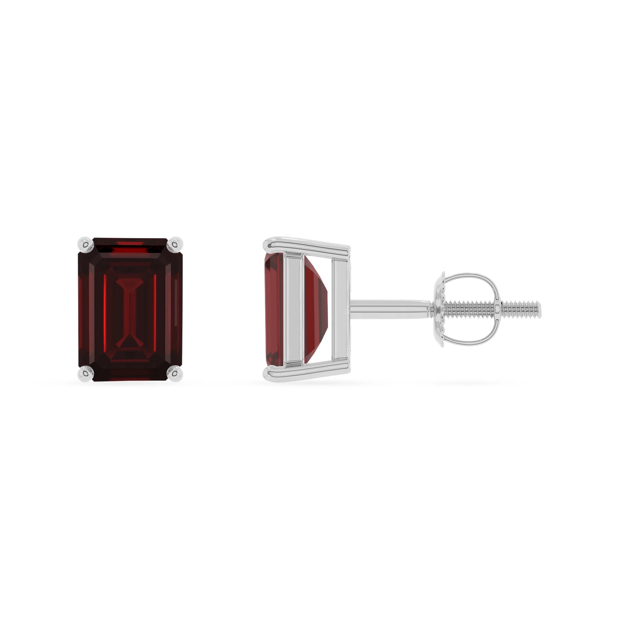 natural garnet emerald cut stud earrings in platinum