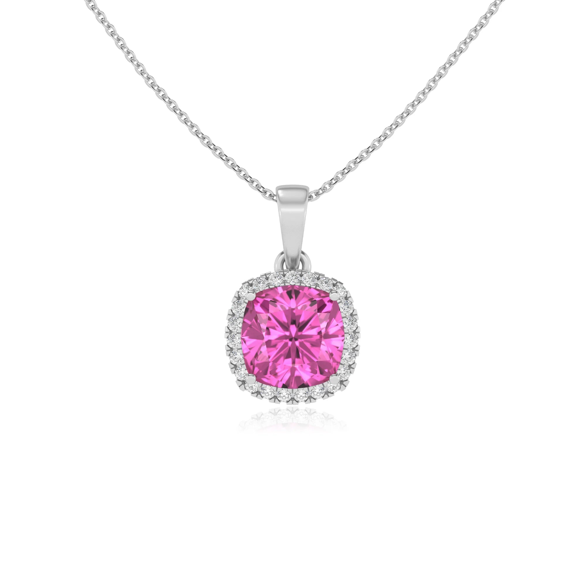 lab grown pink-sapphire cushion solitaire necklaces in sterling silver