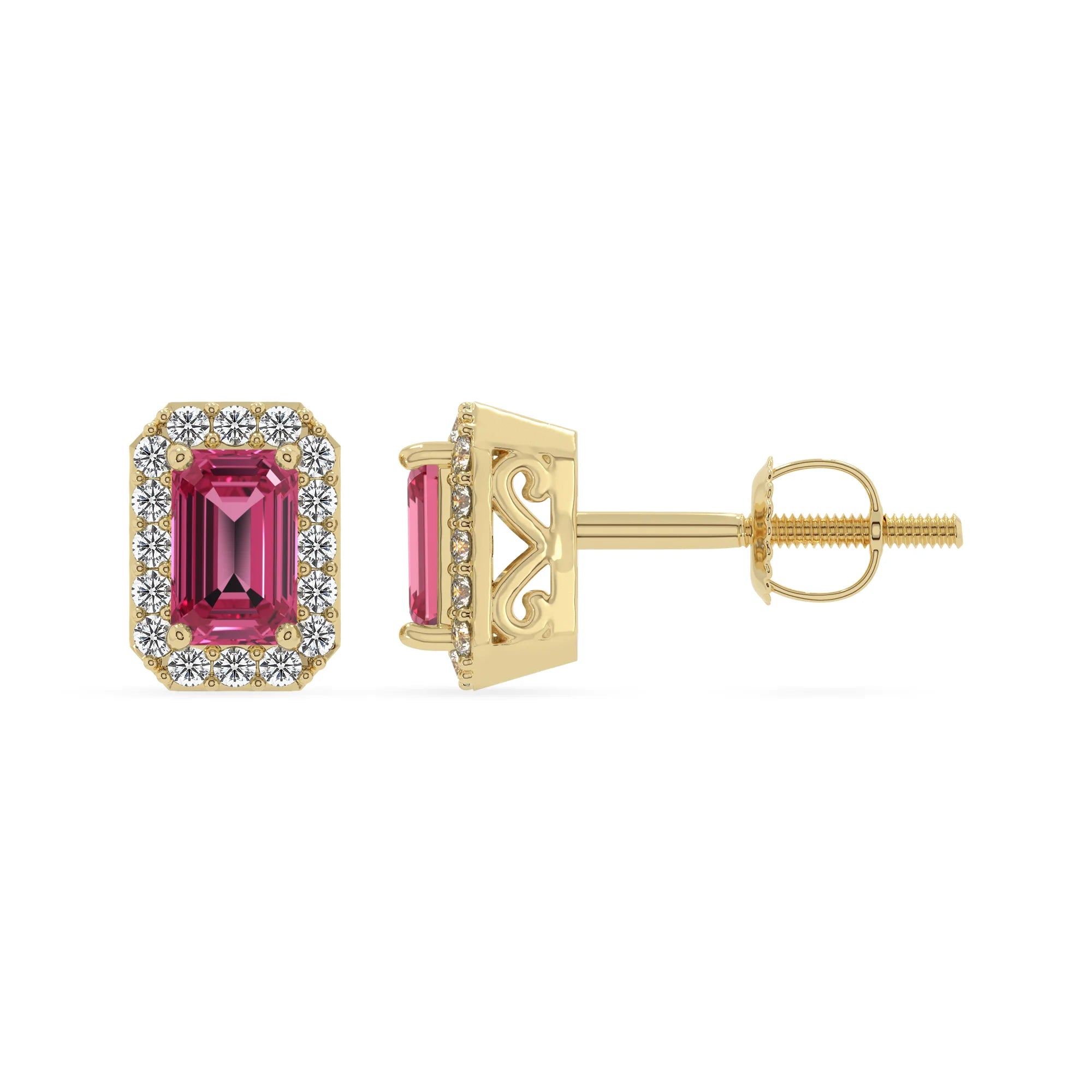 lab grown pink tourmaline emerald cut stud earrings in yellow gold