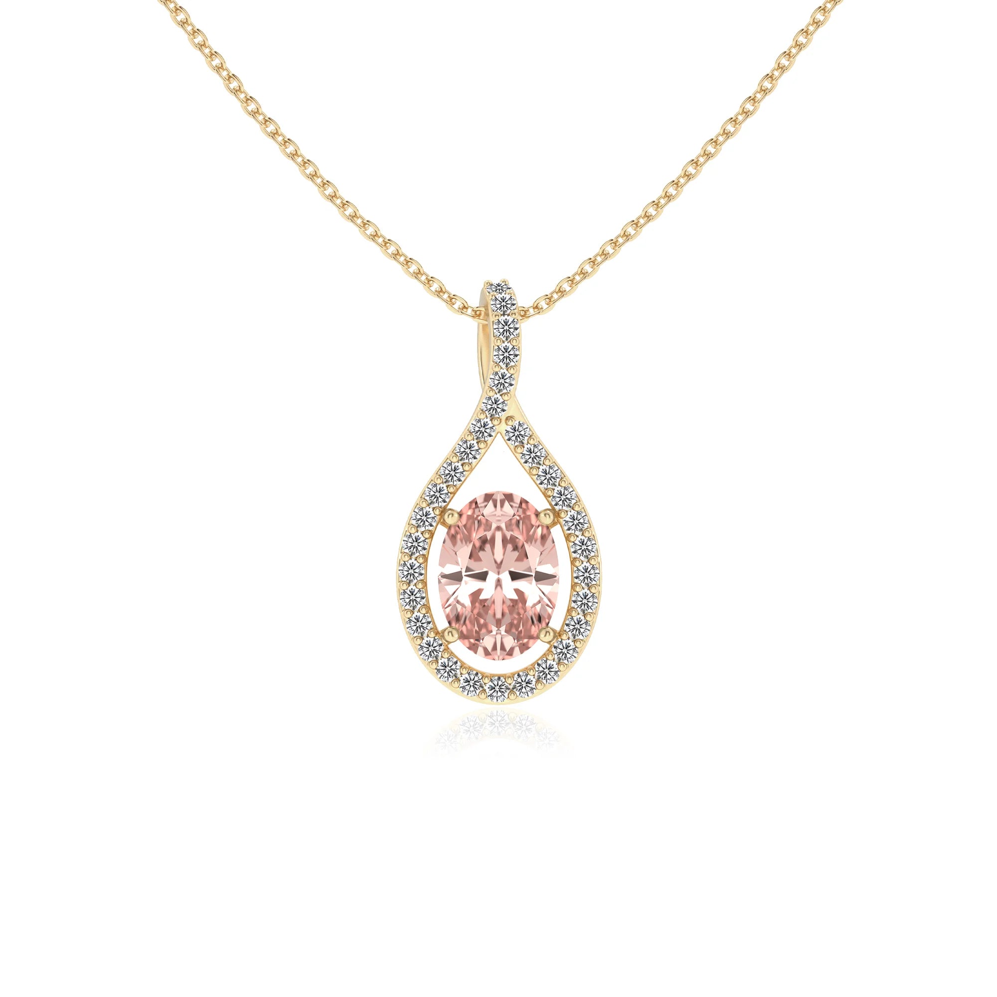 lab grown morganite oval solitaire necklaces in yellow gold