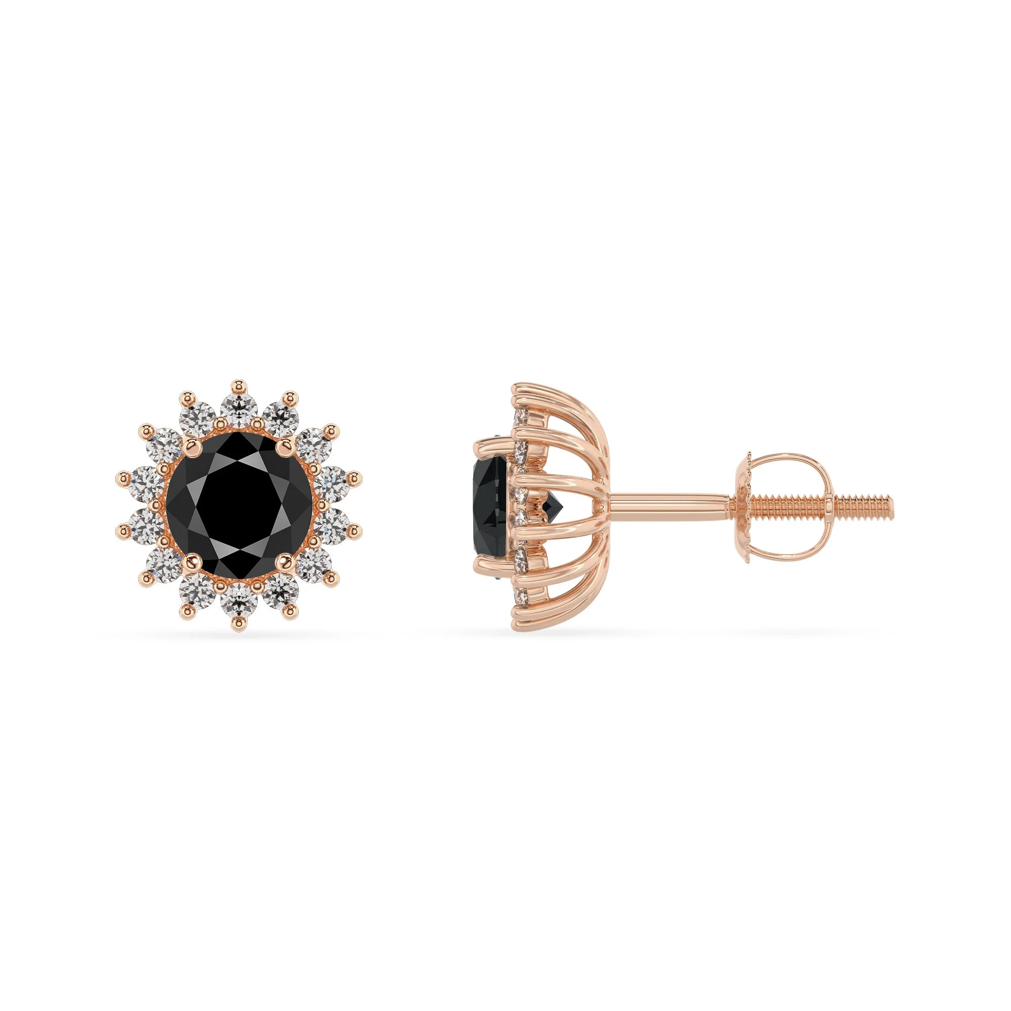 natural black onyx round stud earrings in rose gold