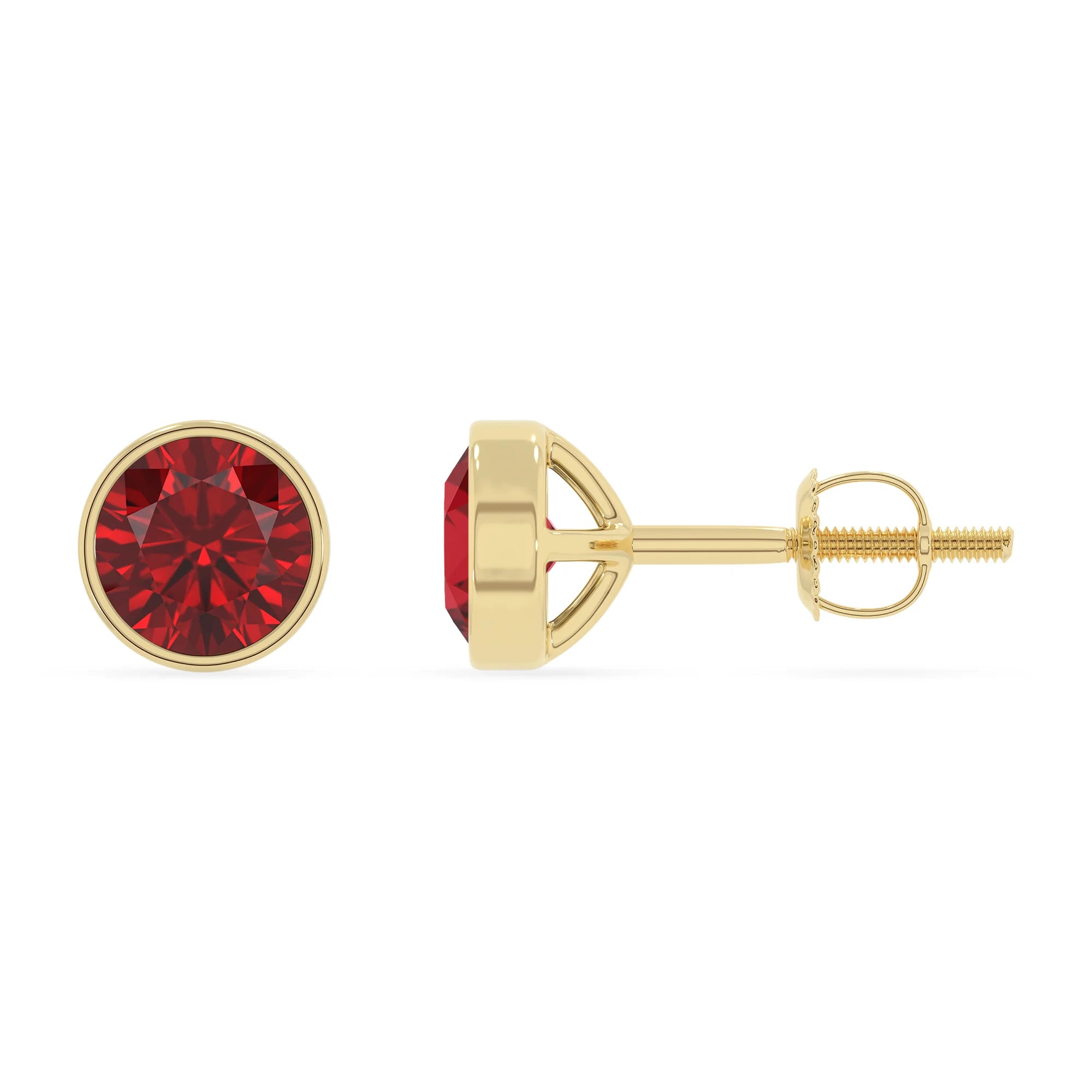 lab grown ruby round stud earrings in yellow gold