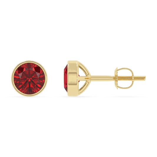 lab grown ruby round stud earrings in yellow gold