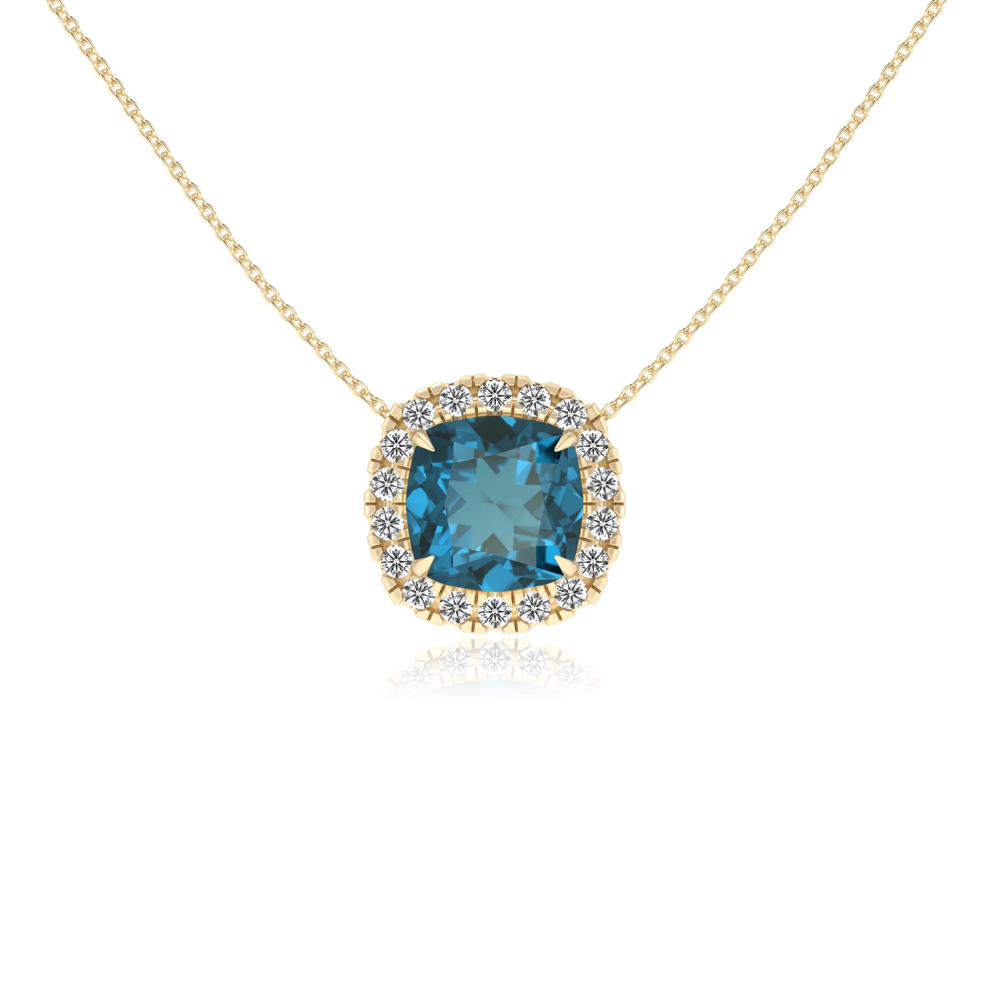 natural london blue topaz cushion solitaire necklaces in yellow gold