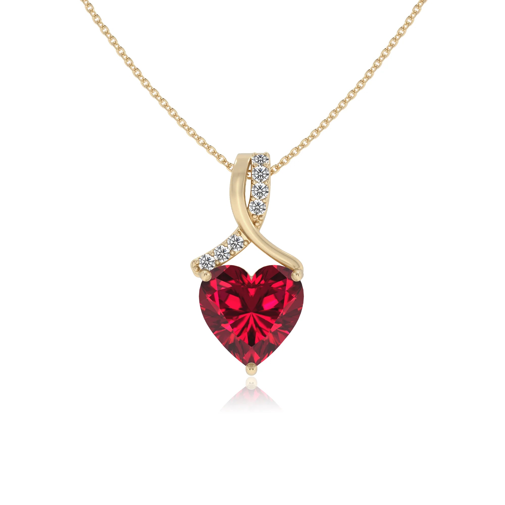 lab grown ruby heart solitaire necklaces in yellow gold