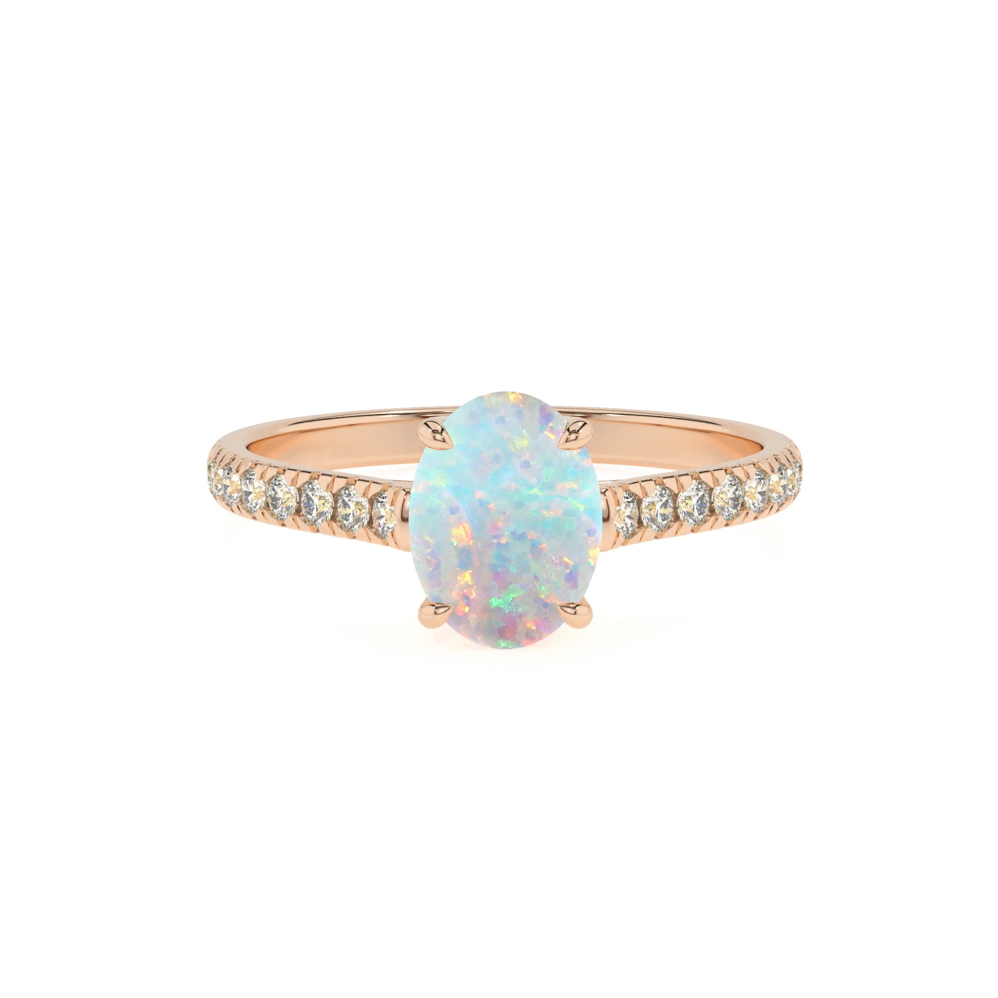 lab grown opal oval half eternity solitaire engagement rings in rose gold