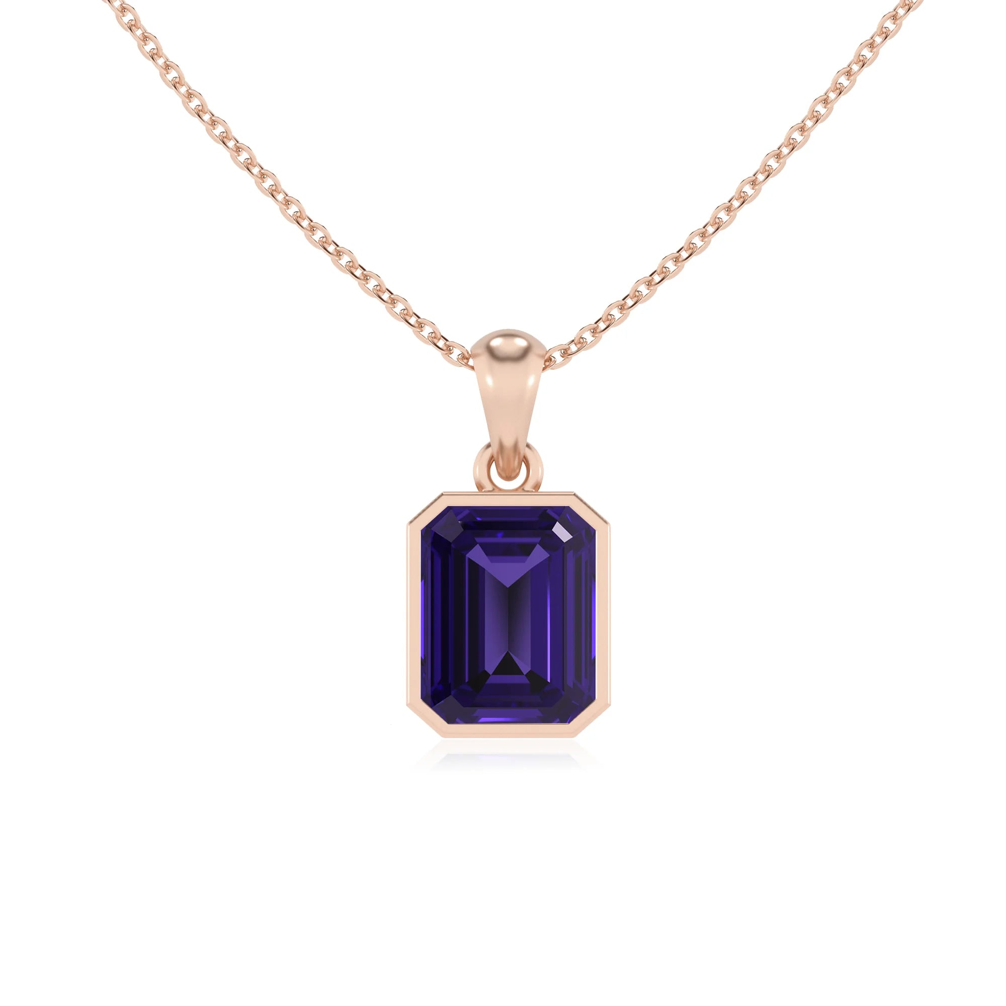 lab grown tanzanite emerald cut solitaire necklaces in rose gold
