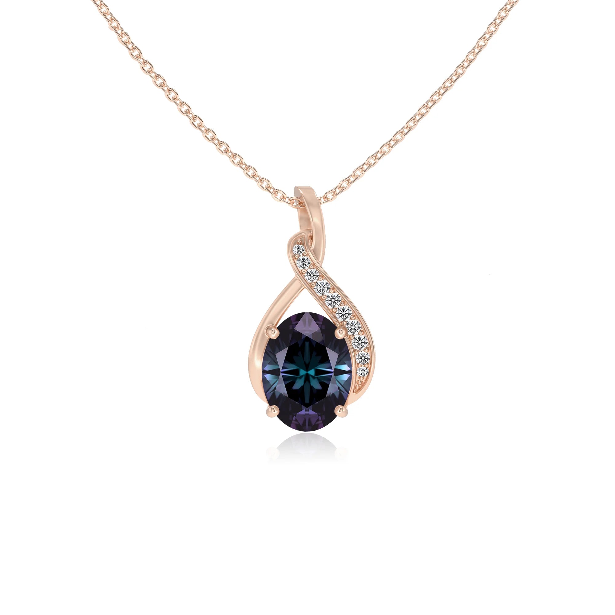lab grown alexandrite oval solitaire necklaces in rose gold