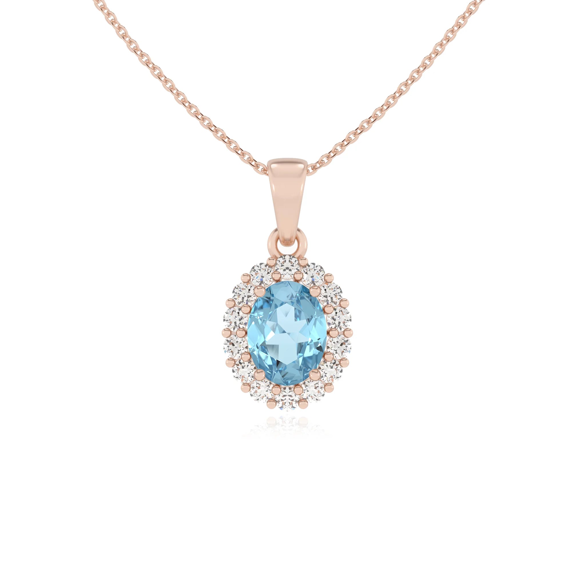 lab grown aquamarine oval solitaire necklaces in rose gold